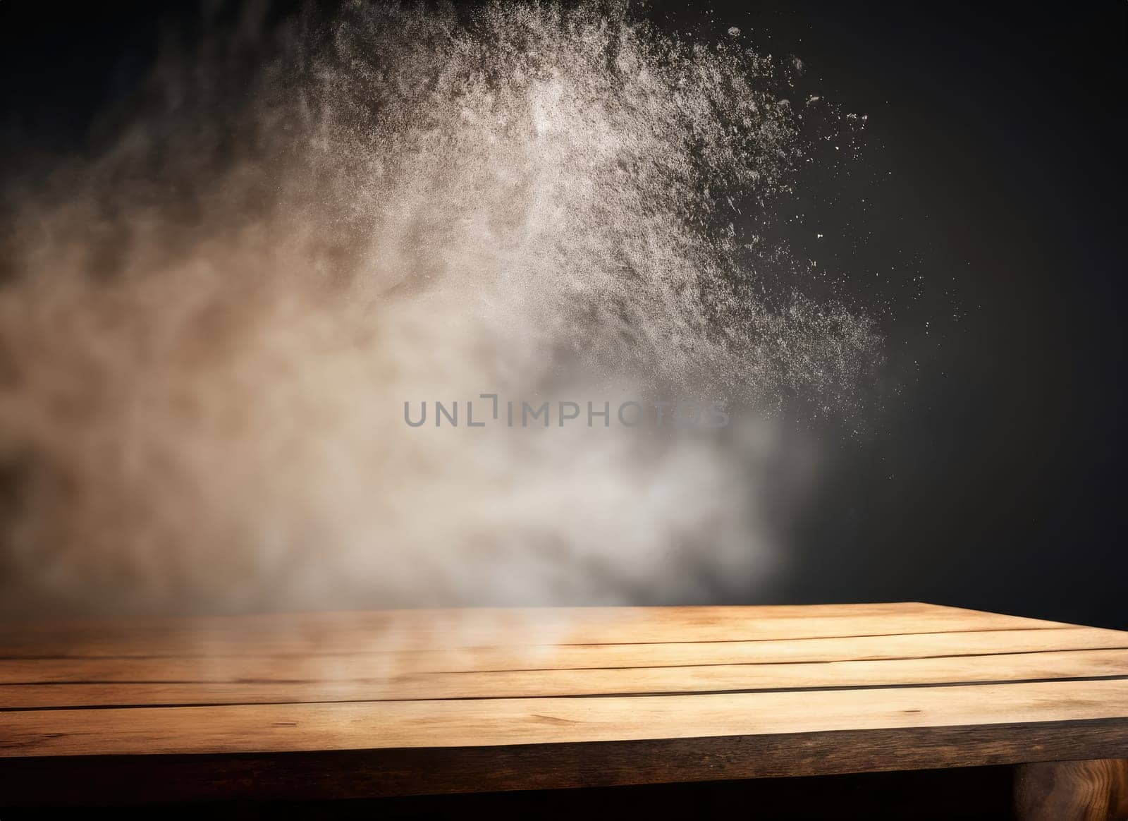  empty wooden table with cloud smoke float up on dark background. AI Generated. by PeaceYAY