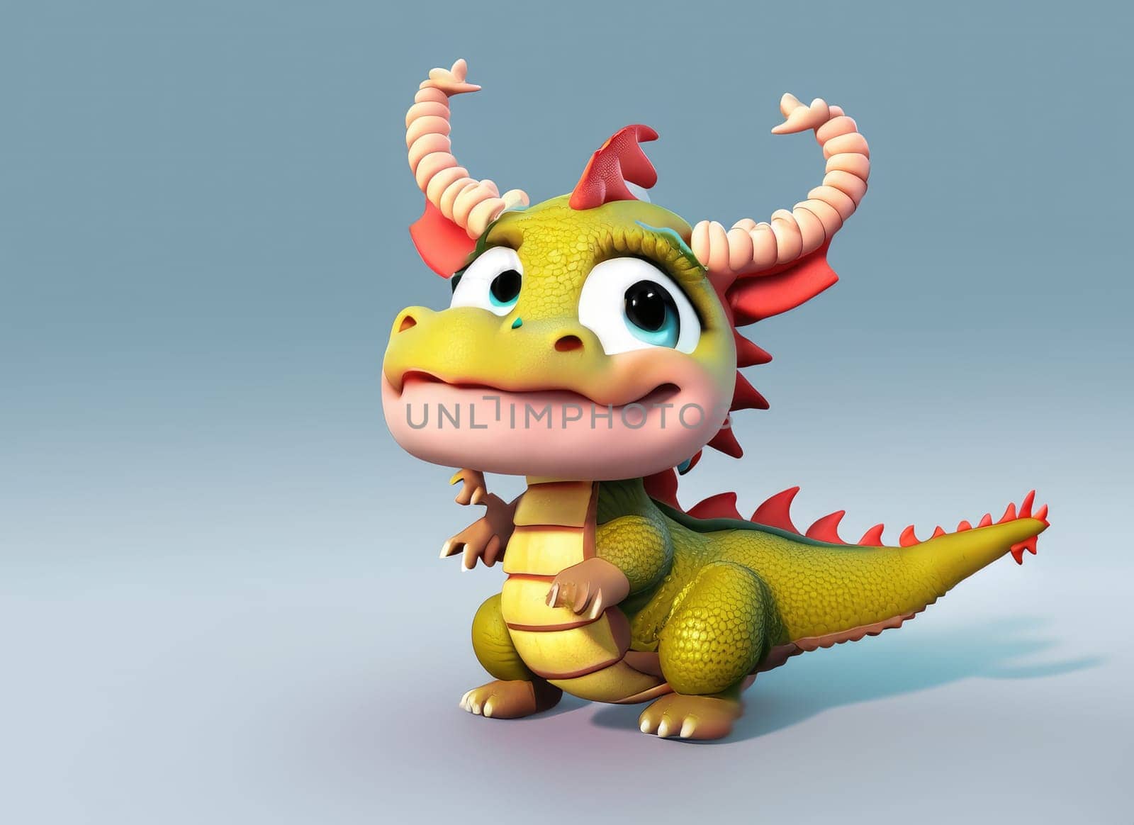 A Kawaii Baby Dragon. Bright and colorful 3D render computer generated. Adorable dragon baby with large eyes and realistic scales.