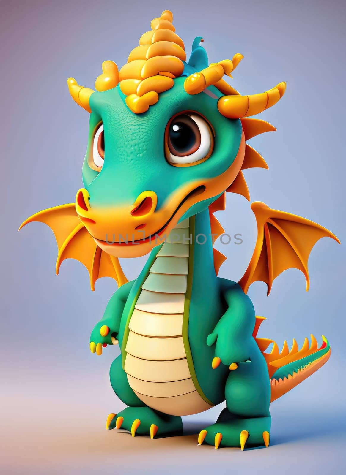 A Kawaii Baby Dragon. Bright and colorful 3D render computer generated. Adorable dragon baby with large eyes and realistic scales by PeaceYAY