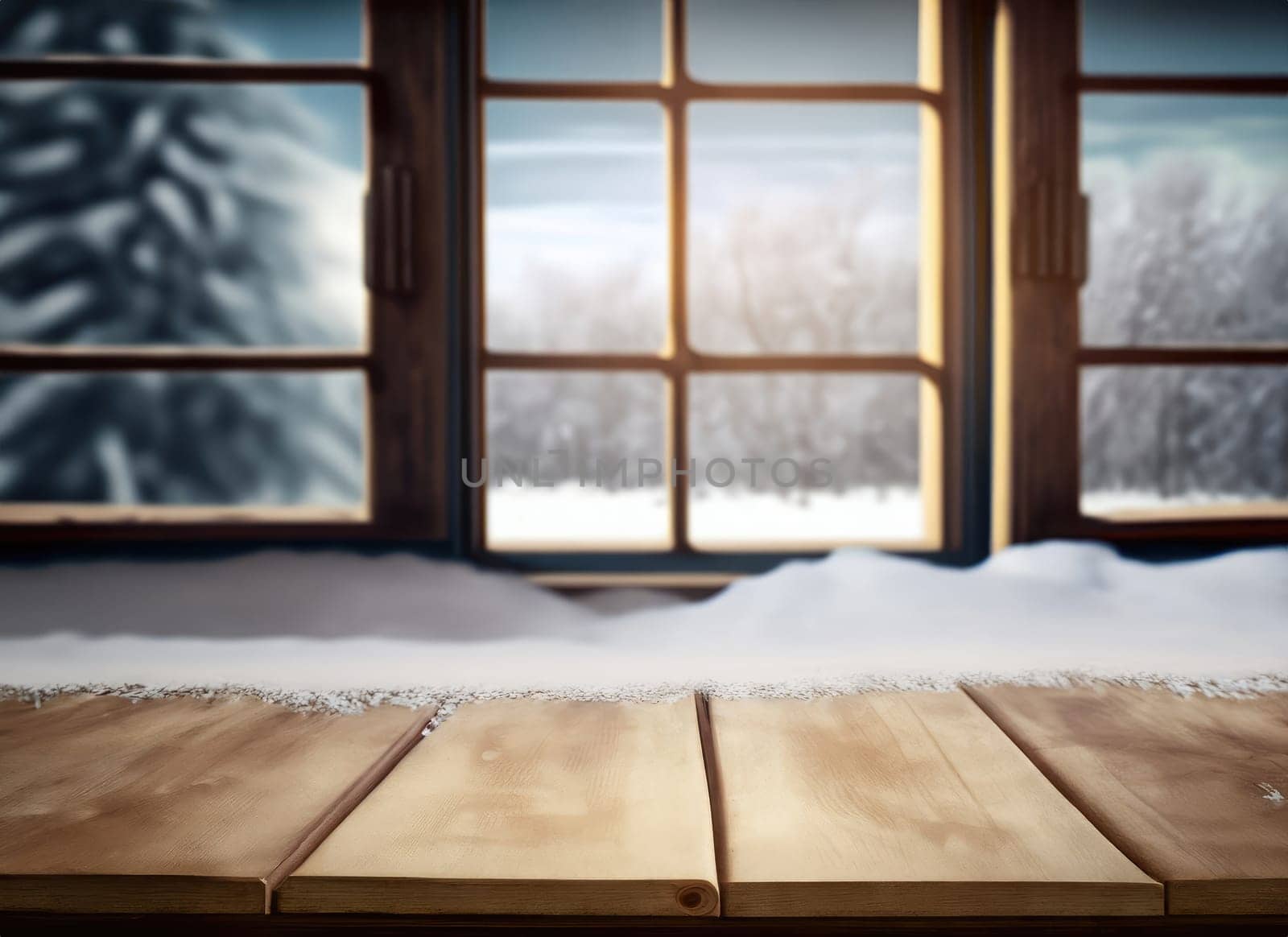 table and winter window in background with copy space