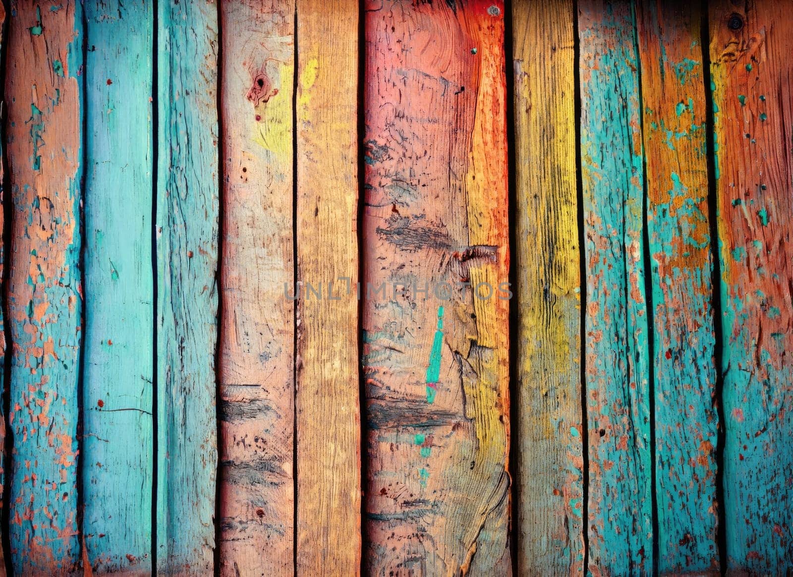 Old grungy colorful wood background. AI Generated. by PeaceYAY