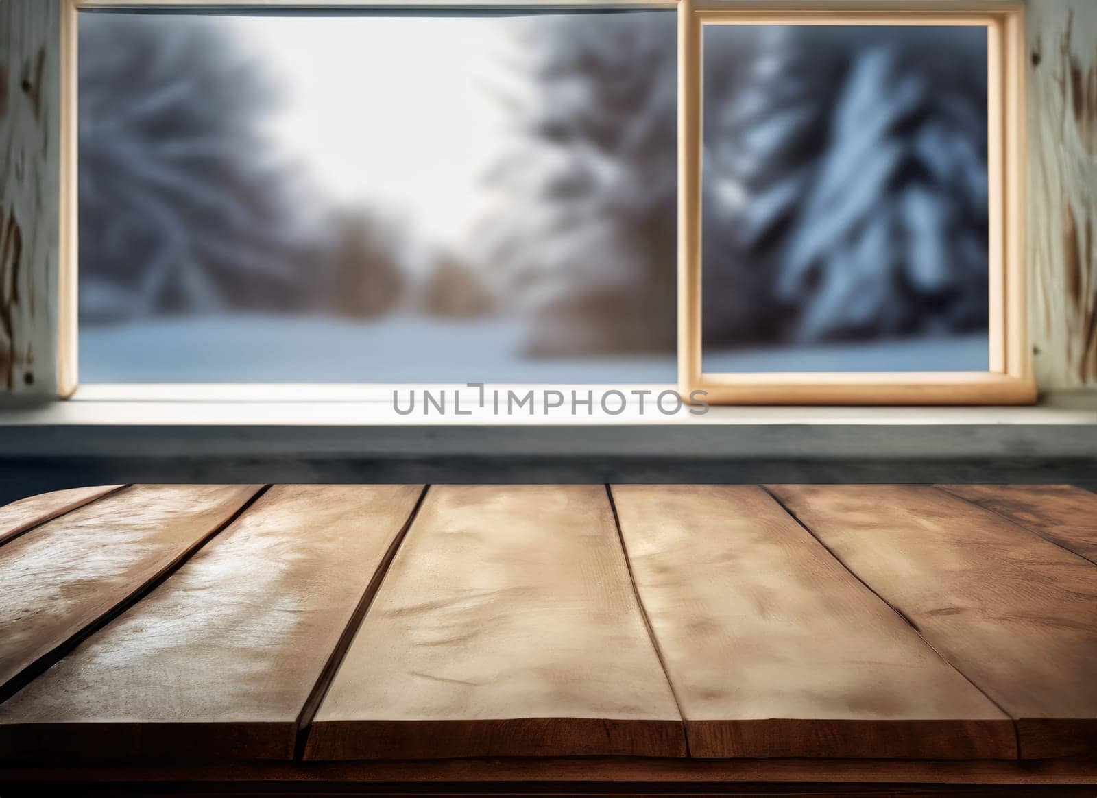 table and winter window in background with copy space. AI Generated. by PeaceYAY