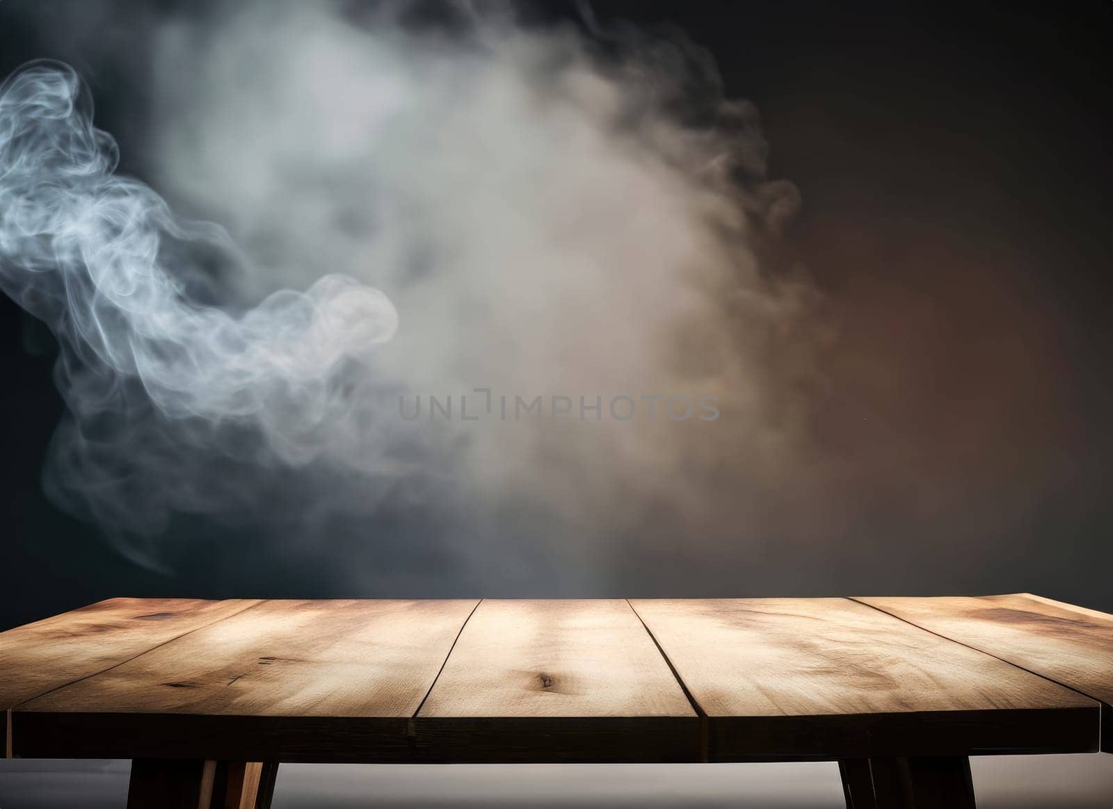  empty wooden table with cloud smoke float up on dark background. AI Generated. by PeaceYAY