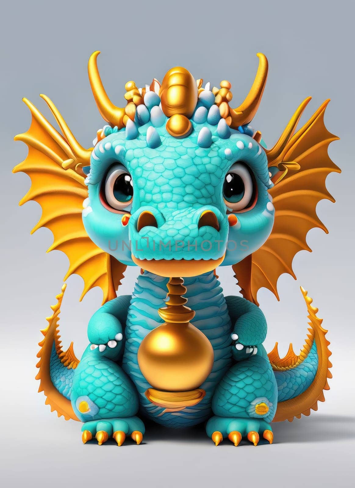 A Kawaii Baby Dragon. Bright and colorful 3D render computer generated. Adorable dragon baby with large eyes and realistic scales by PeaceYAY