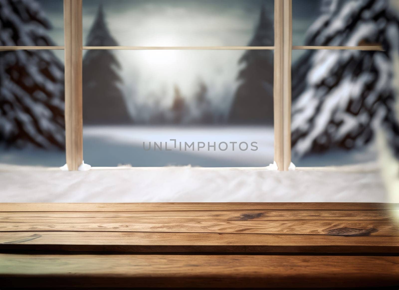 table and winter window in background with copy space. AI Generated. by PeaceYAY