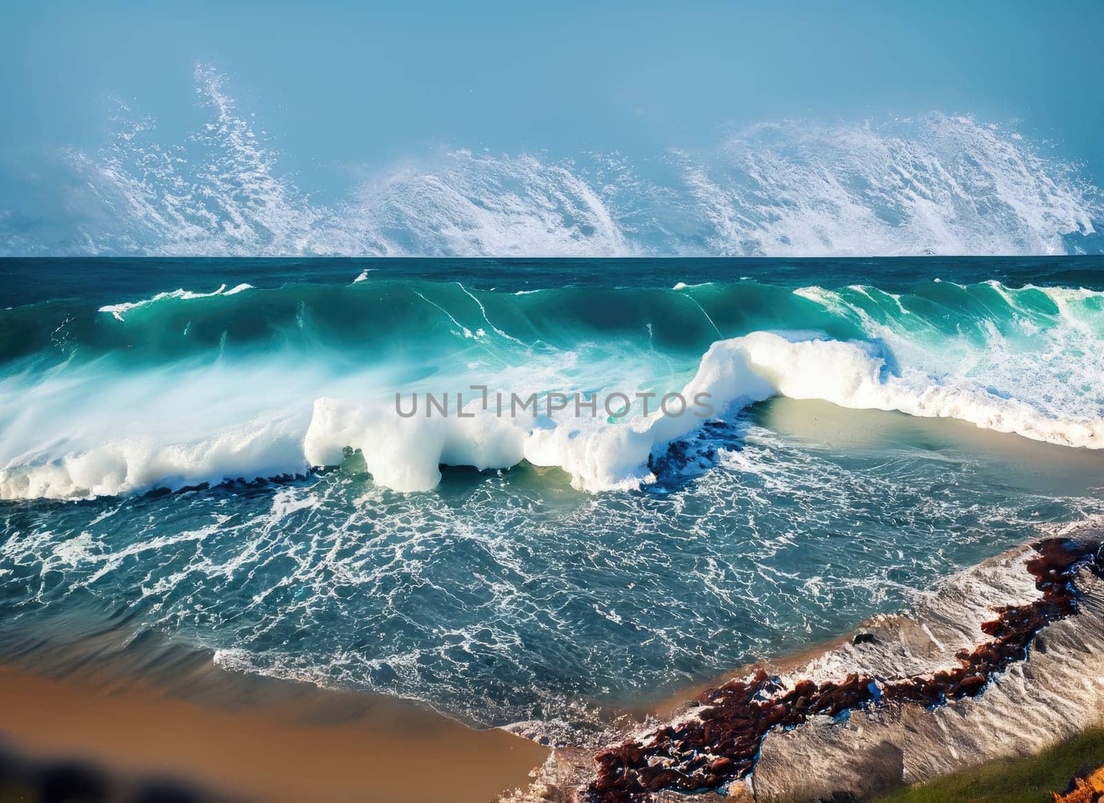 An azure wave with foam breaks on the shore. AI Generated. by PeaceYAY