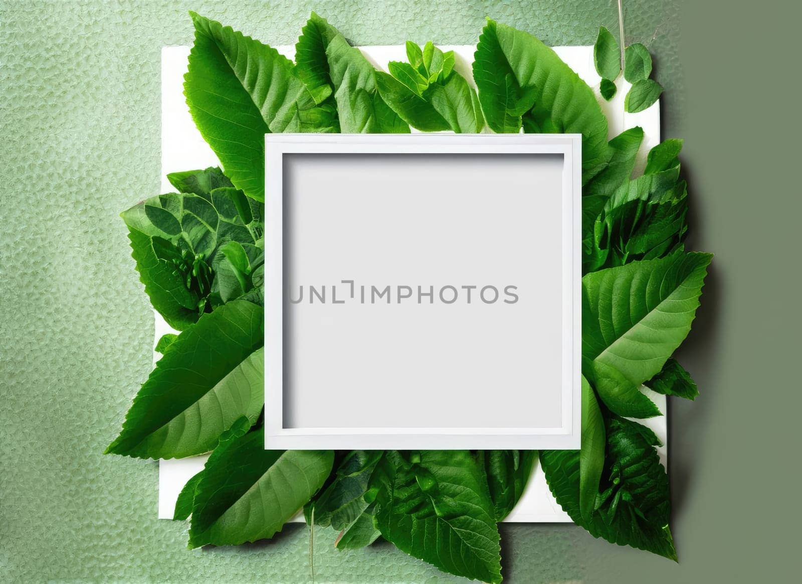 creative layout, green leaves with white square frame.