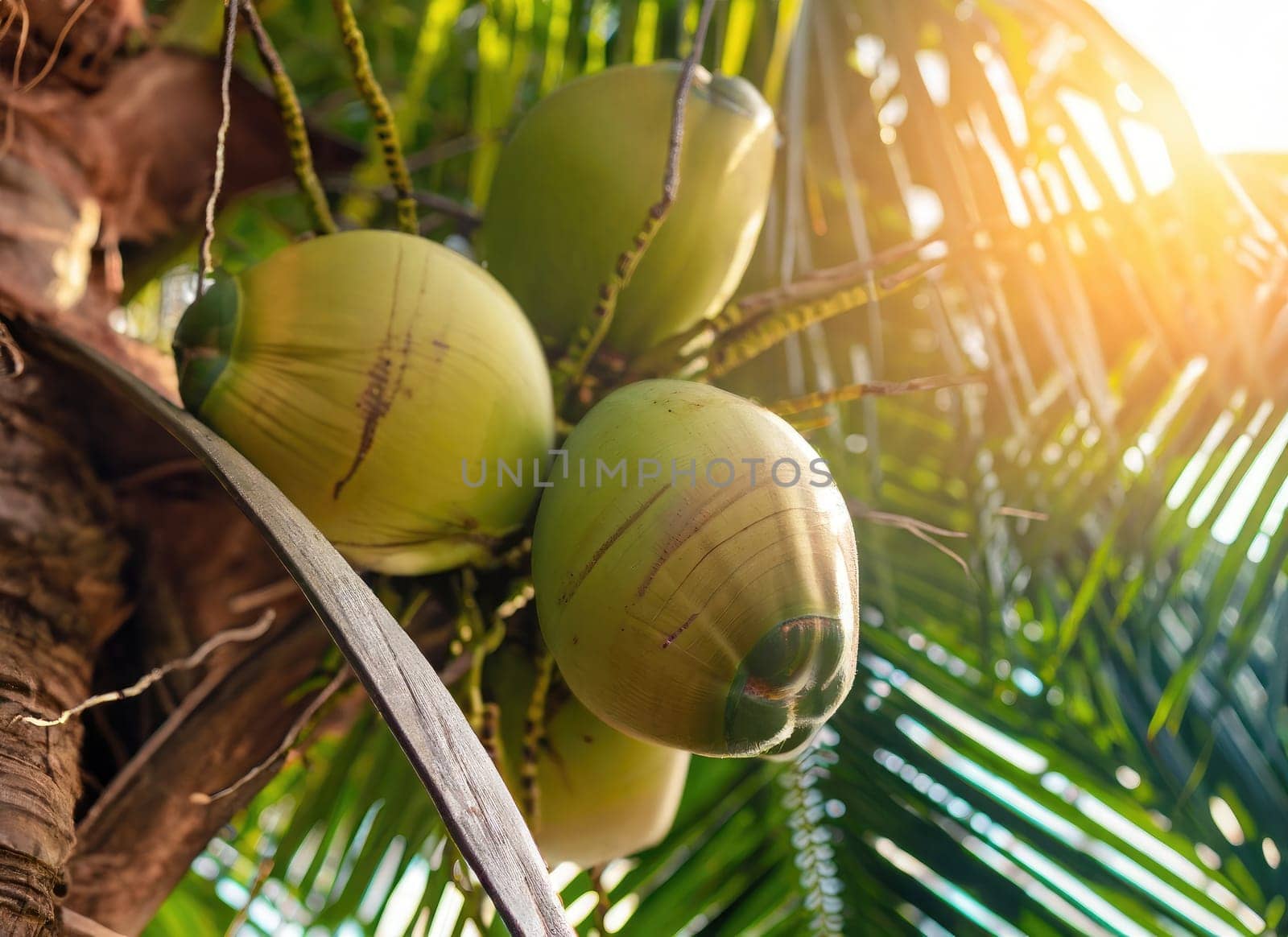 Coconut grows on a tree in the harvest garden on everning sun flare.
