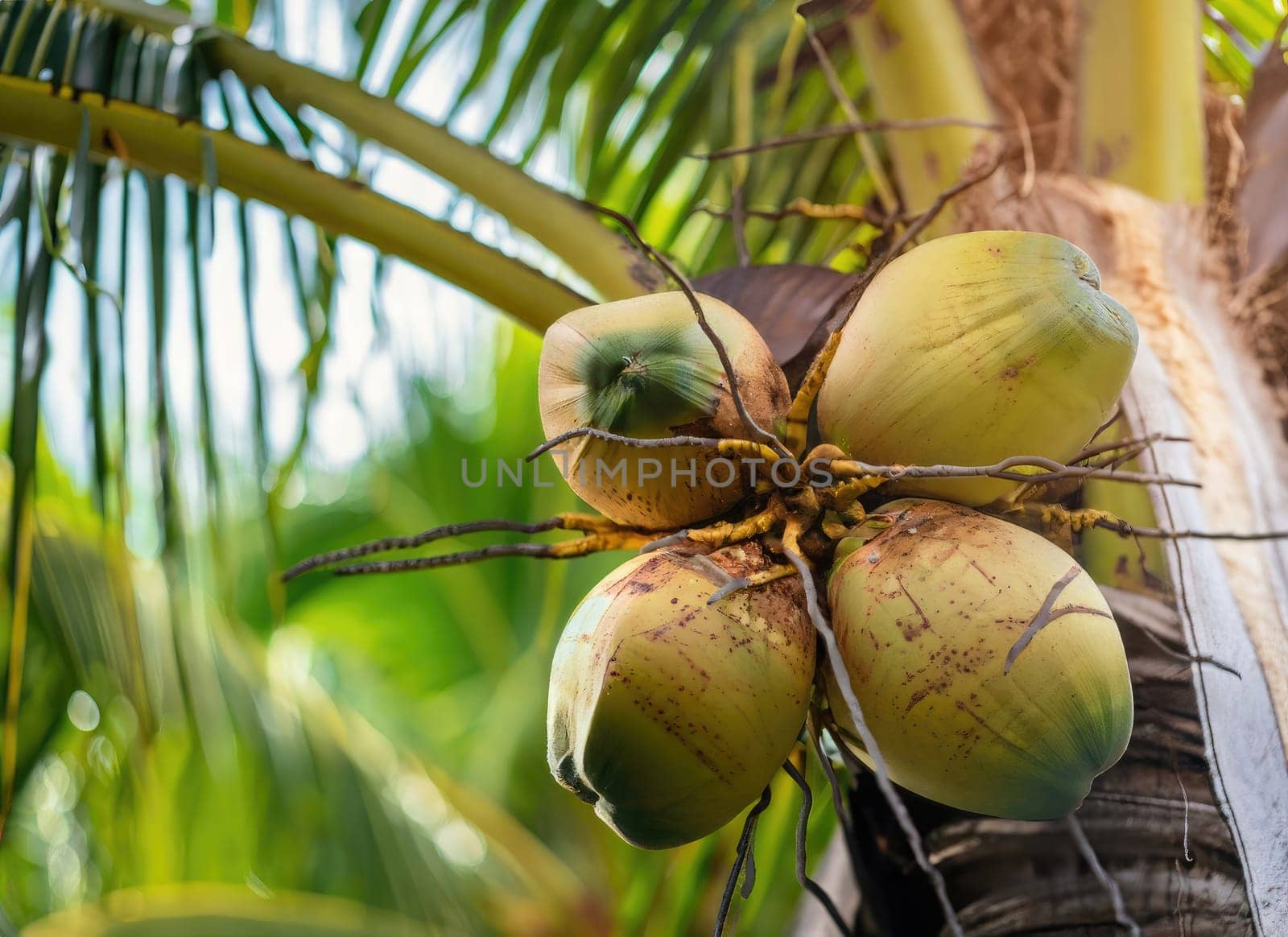 Coconut grows on a tree in the harvest garden on everning sun flare. AI Generated. by PeaceYAY