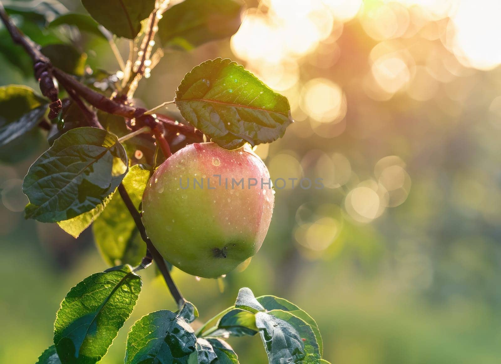 apple grows on a tree in the harvest garden on everning sun flare with rainy day. copy space background.