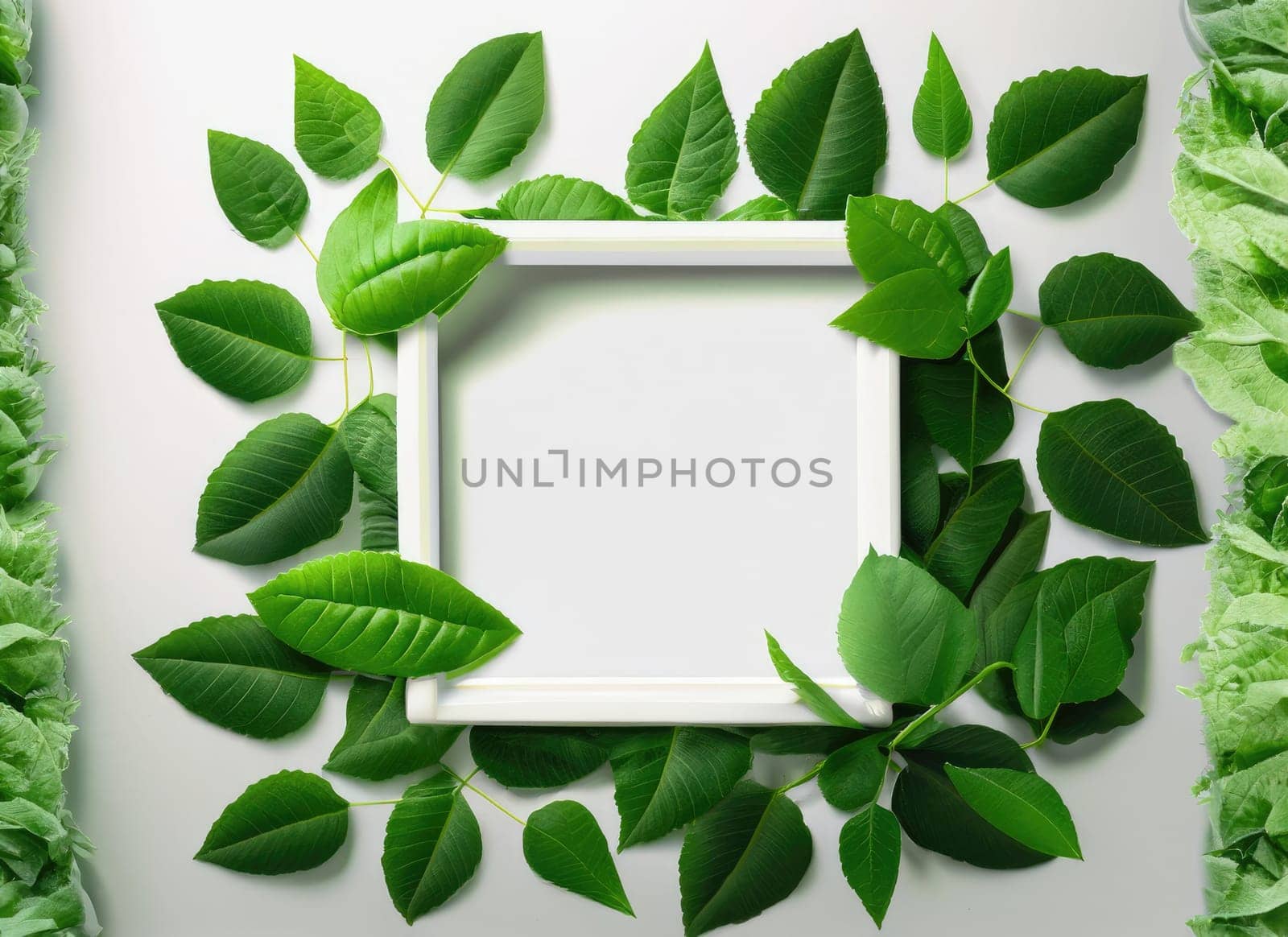 creative layout, green leaves with white square frame . AI Generated. by PeaceYAY