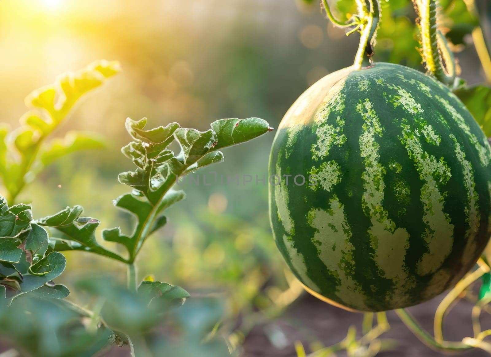 watermelon grows on a tree in the harvest garden on everning sun flare. AI Generated. by PeaceYAY