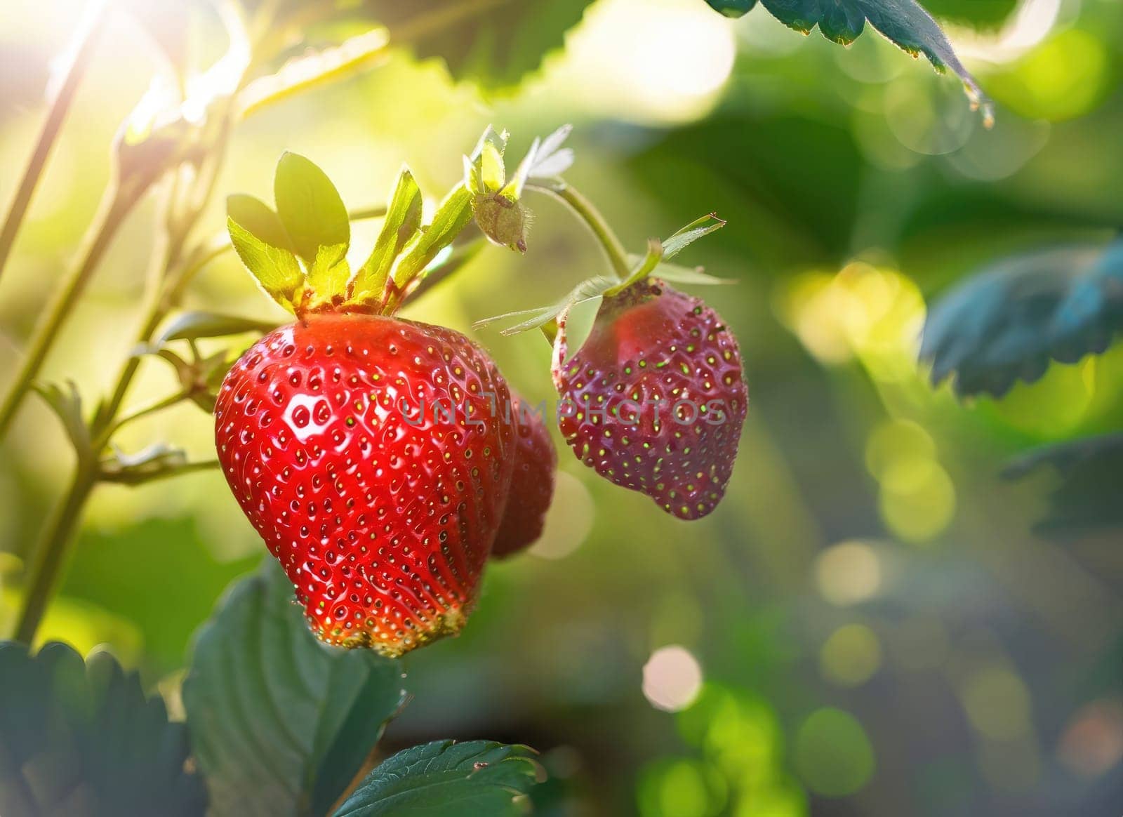 strawberry grows on a tree in the harvest garden on everning sun flare blur bokeh background