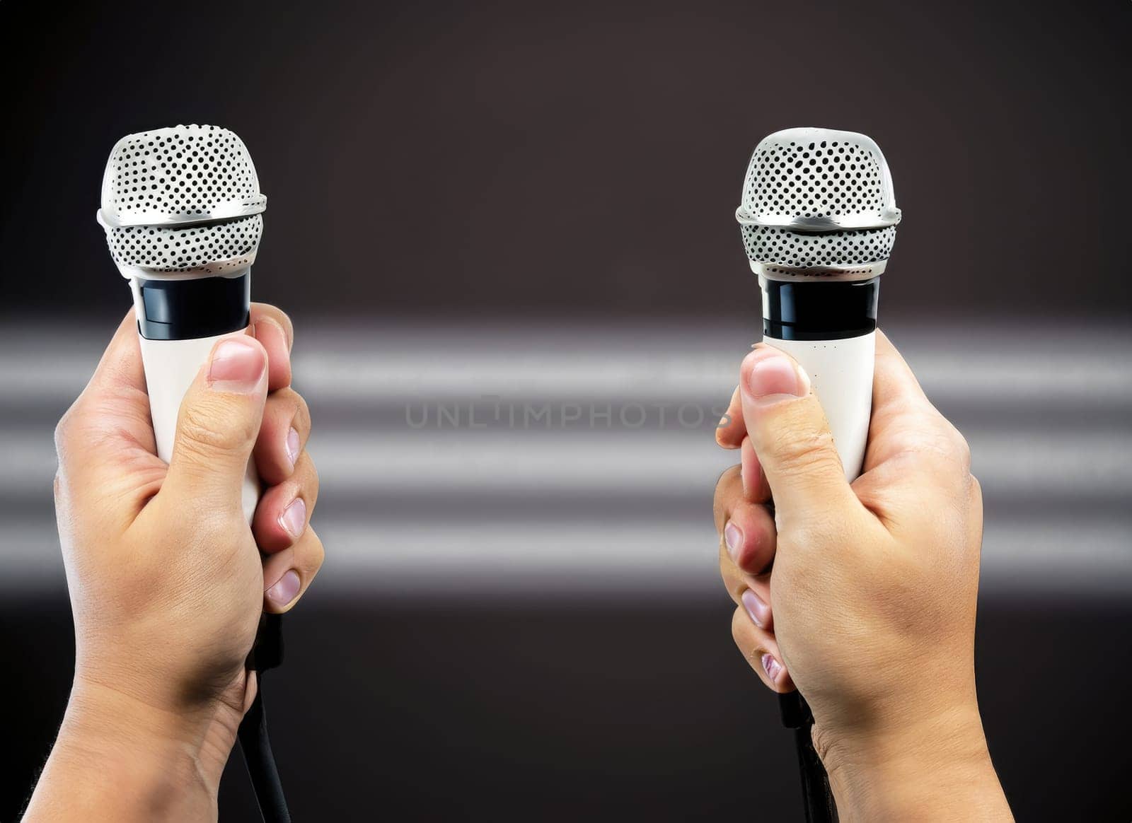 hand with microphone on gray background, close up. AI Generated. by PeaceYAY