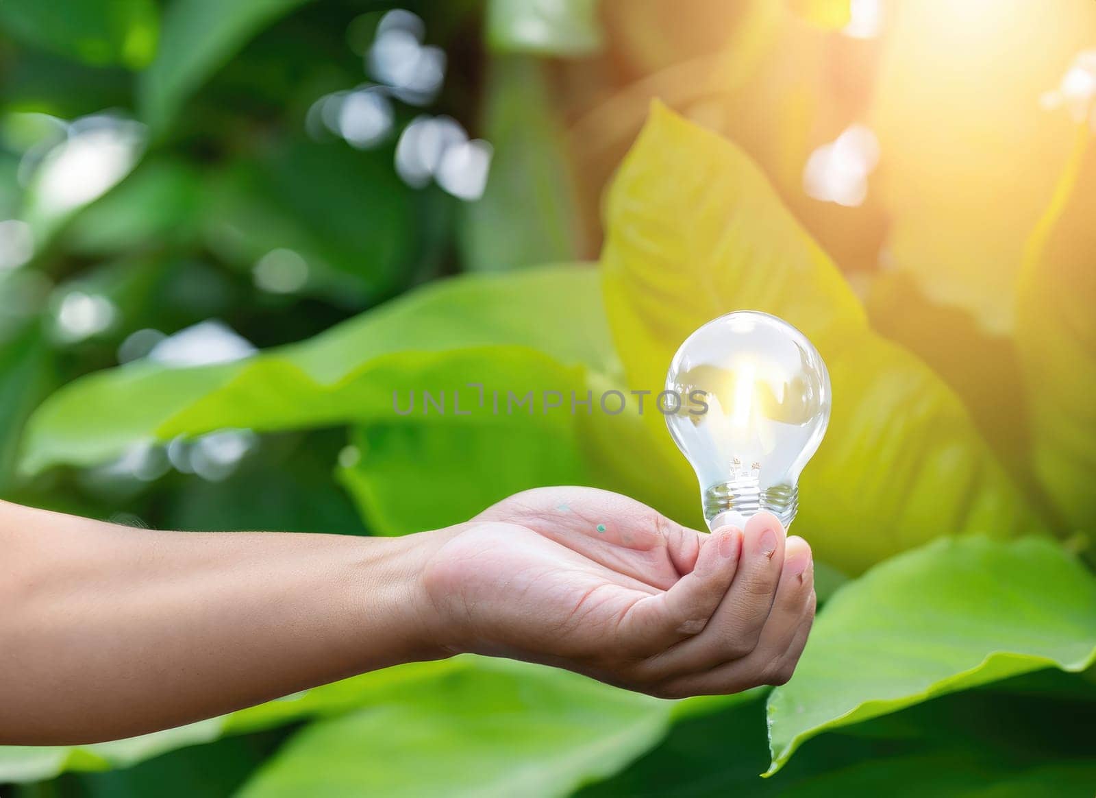 hand holding light bulb against nature on green leaf. AI Generated. by PeaceYAY