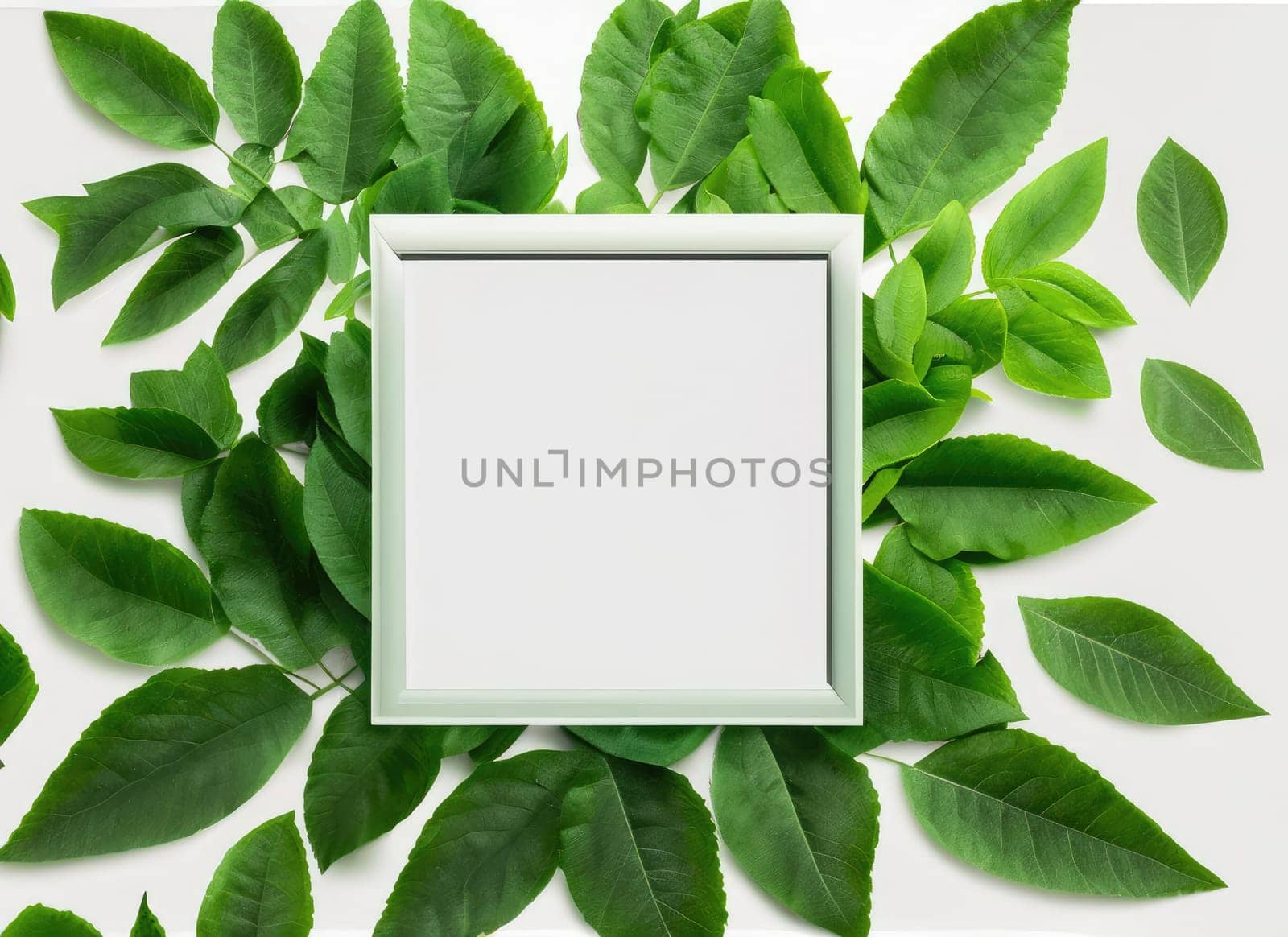 creative layout, green leaves with white square frame . AI Generated. by PeaceYAY