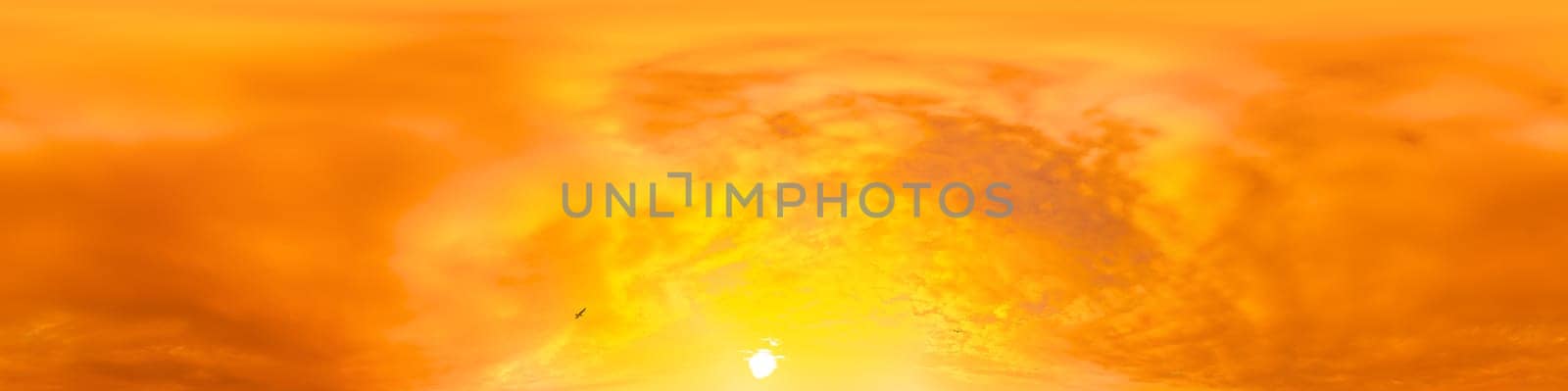Sunset sky panorama with bright glowing pink Cumulus clouds. HDR 360 seamless spherical panorama. Full zenith or sky dome in 3D, sky replacement for aerial drone panoramas. Climate and weather change. by Matiunina
