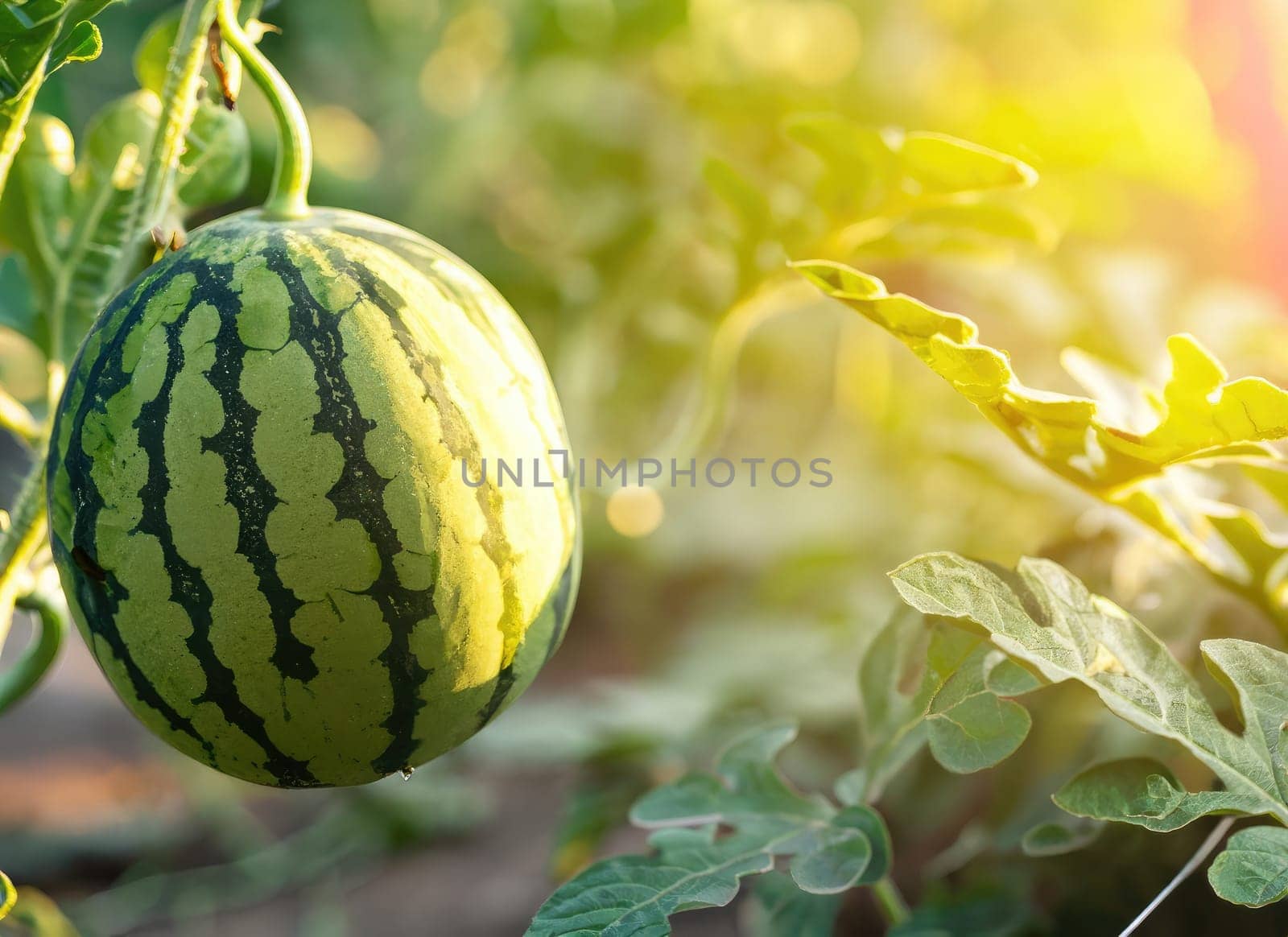 watermelon grows on a tree in the harvest garden on everning sun flare. AI Generated. by PeaceYAY