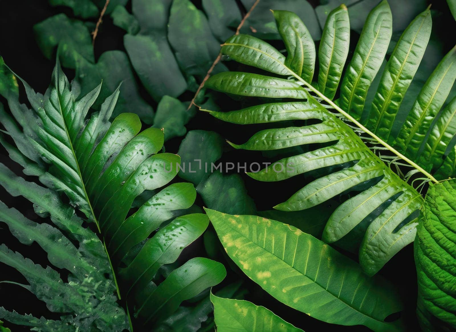 Tropical green leaves on dark background, nature summer forest plant concept. AI Generated. by PeaceYAY