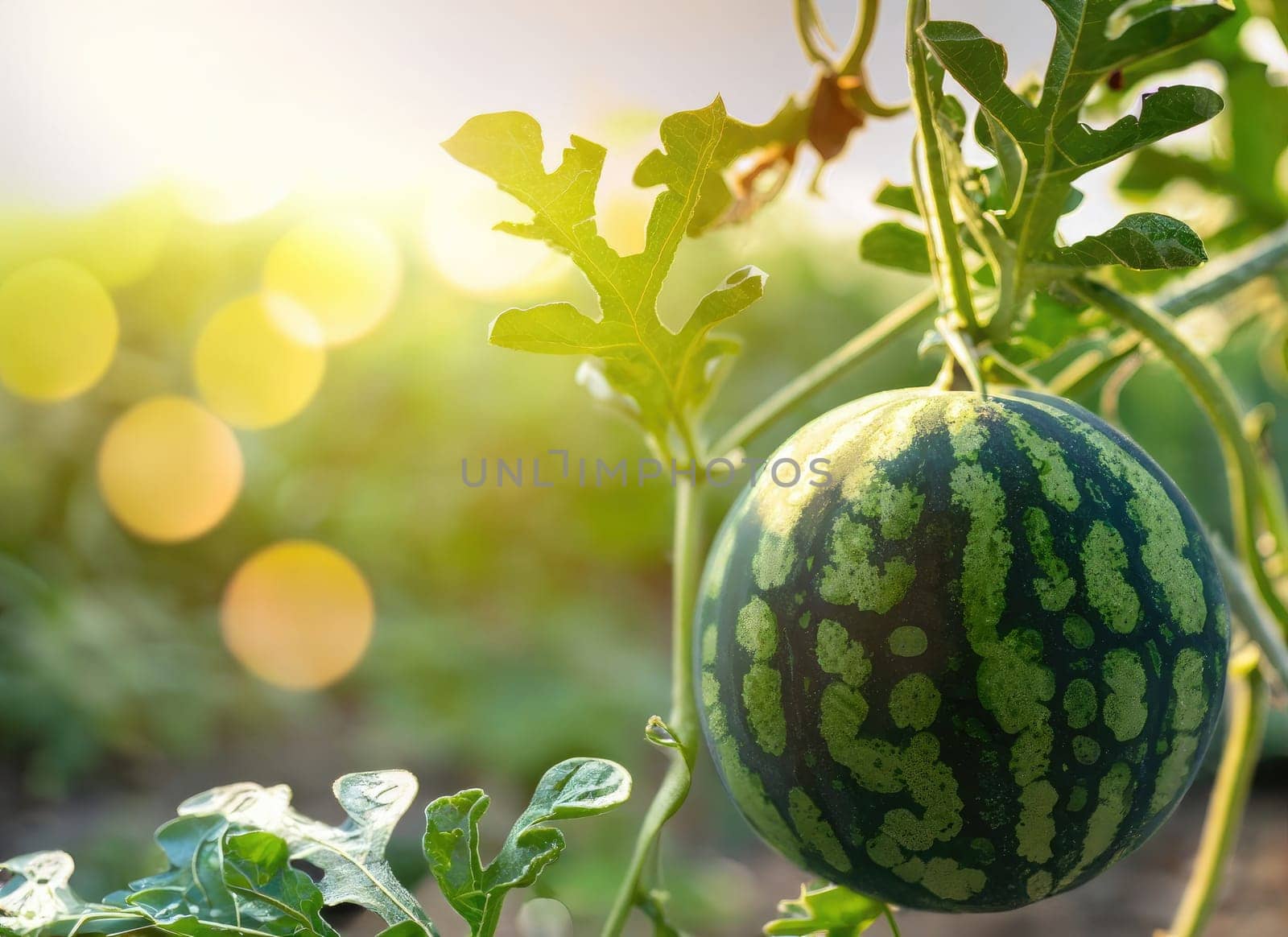 watermelon grows on a tree in the harvest garden on everning sun flare.