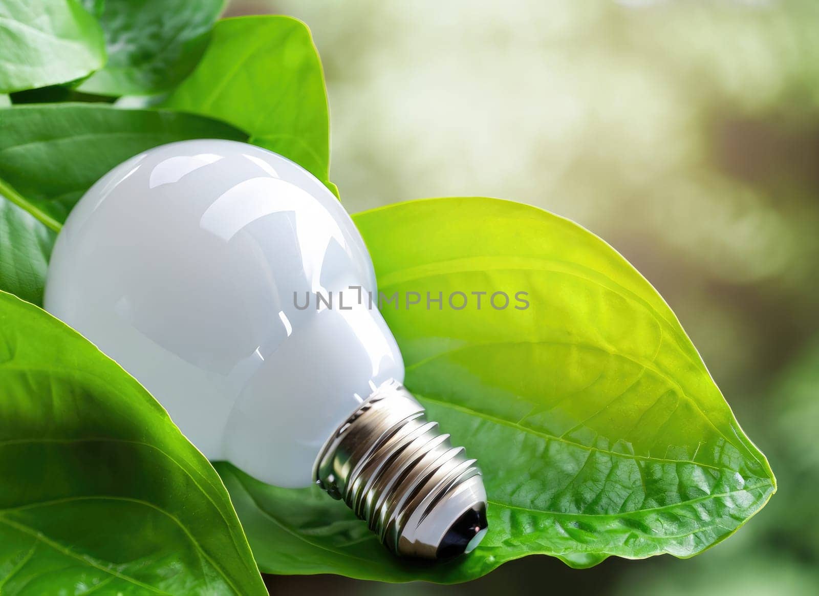 light bulb against nature on green leaf, Sustainable developmen and responsible environment. AI Generated. by PeaceYAY