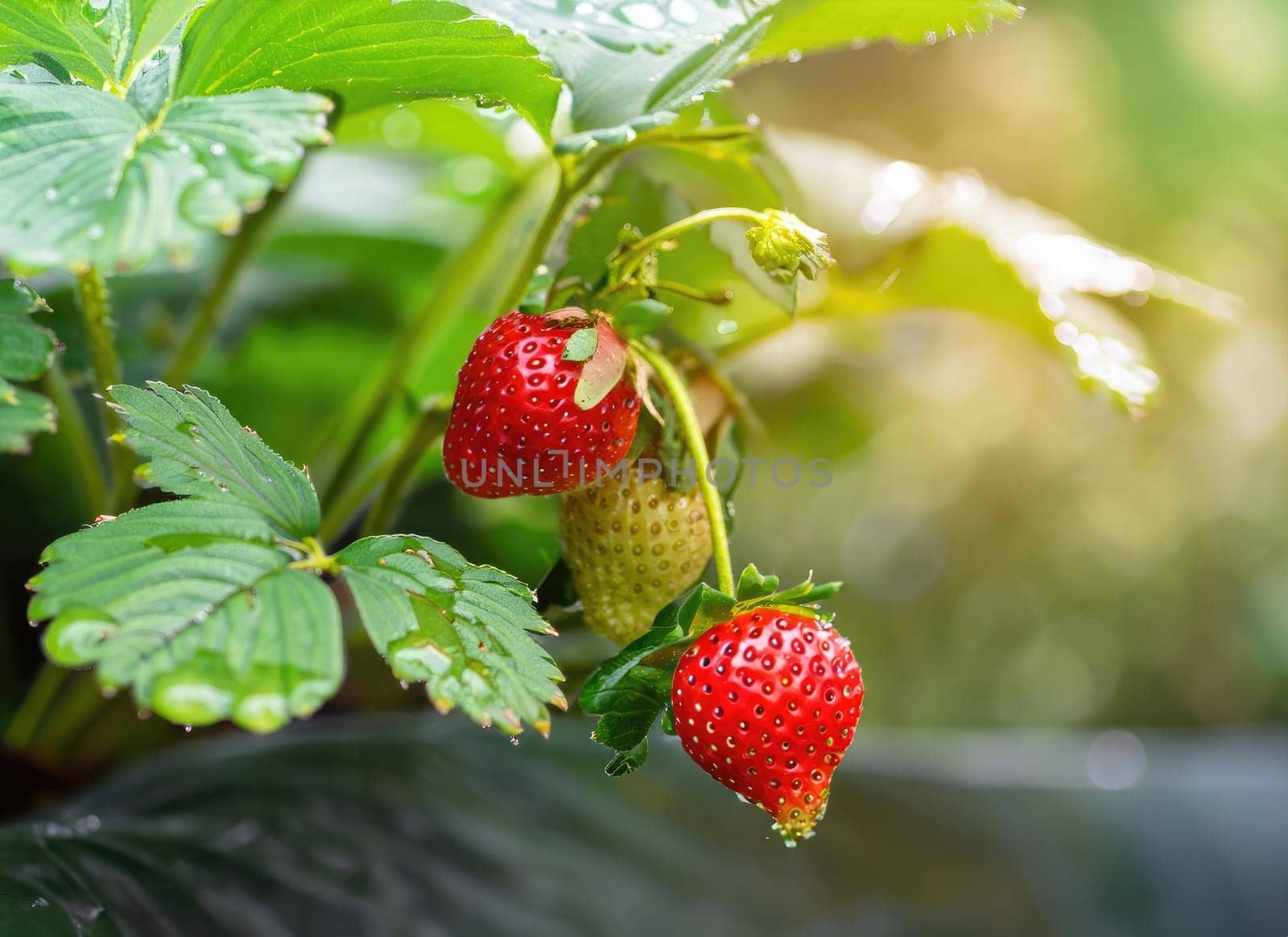 strawberry grows on a tree in the harvest garden on everning sun flare blur bokeh background. AI Generated. by PeaceYAY