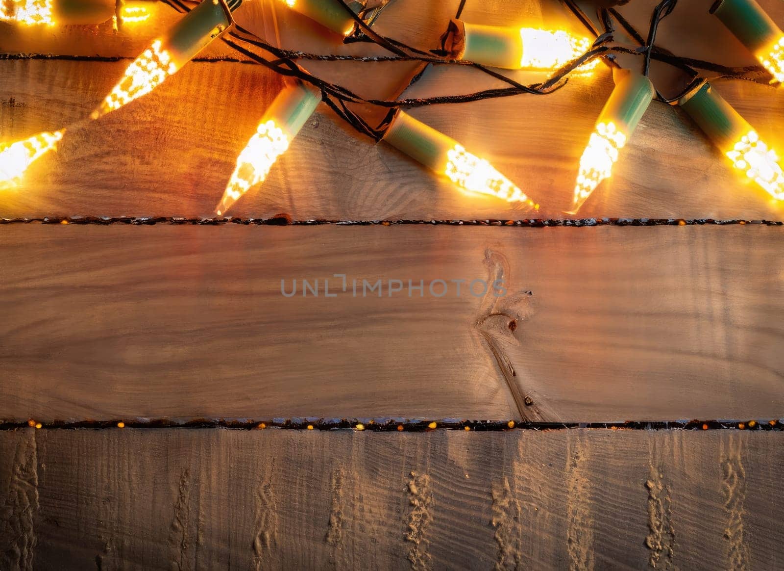 Beautiful christmas light on wooden background. Ai generated. by PeaceYAY