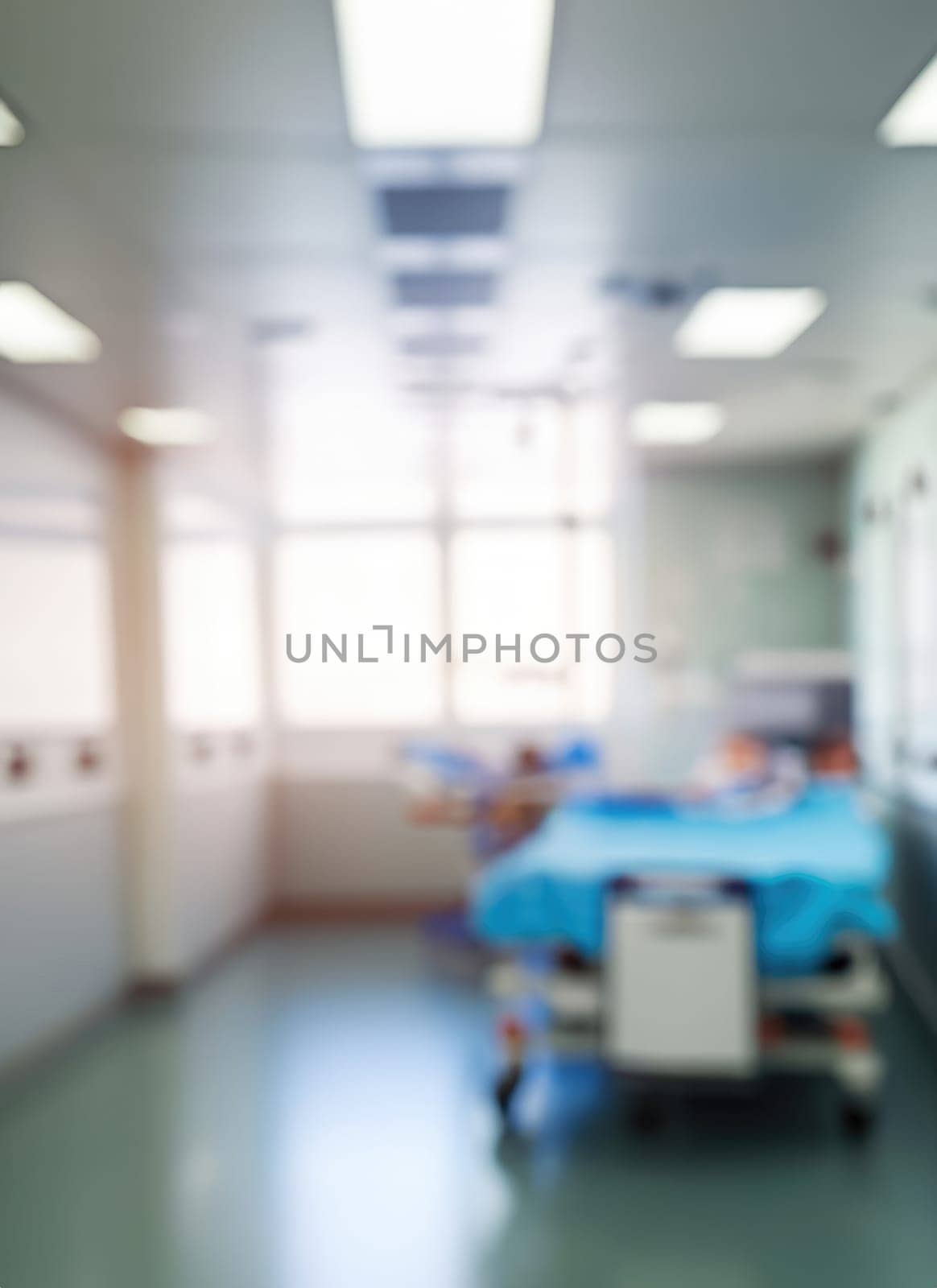 Abstract blur luxury hospital corridor. Blur clinic interior background with defocused effect. Healthcare and medical concept. Ai generated. by PeaceYAY