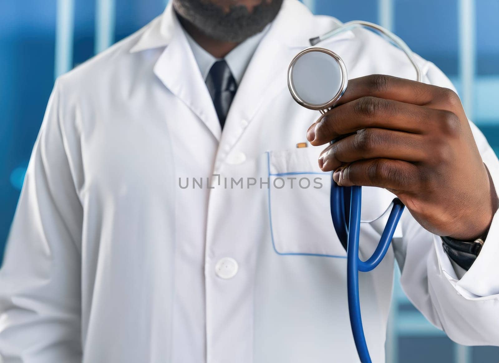 medical team working at modern clinic while pandemic, cropped of two women in white coats doctors holding syringe and stethoscope. Ai generated. by PeaceYAY