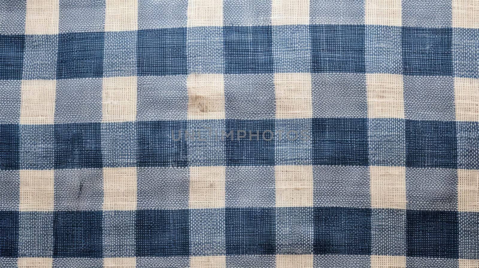 Background made of natural linen fabric in a checkered pattern, blue and natural colors.