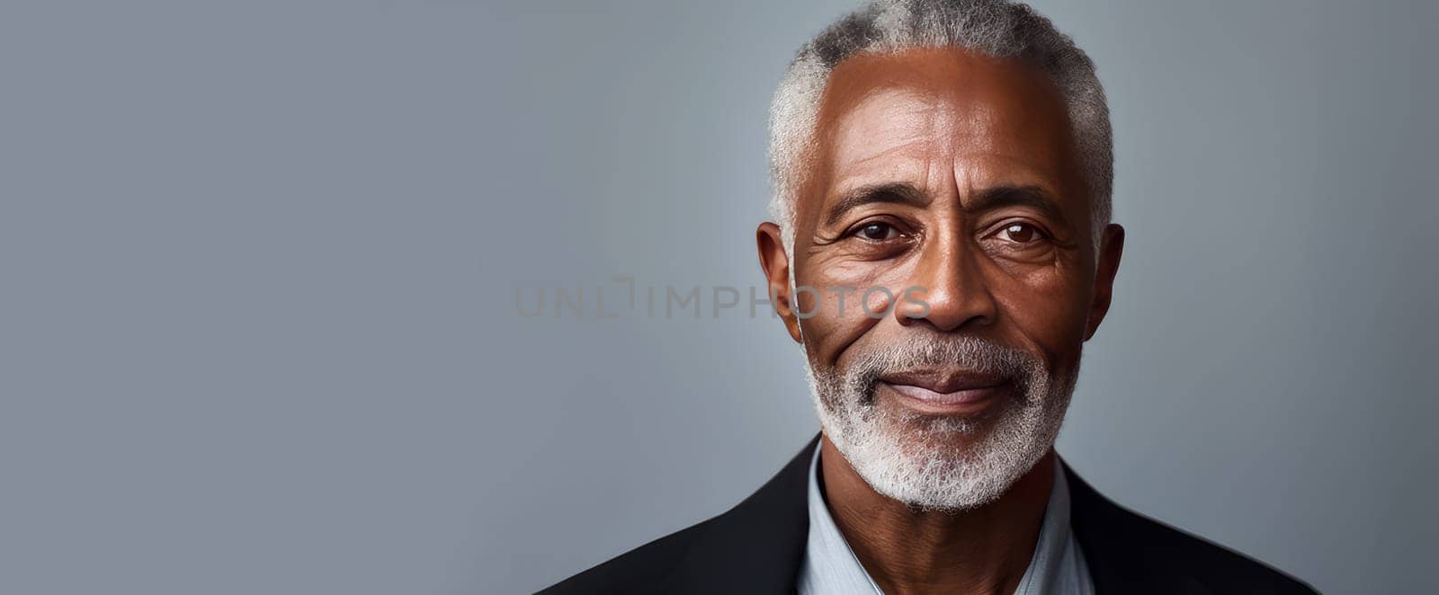 Handsome elegant, elderly African American man, on a gray background, banner, close-up, copy space. Advertising of cosmetic products, spa treatments, shampoos and hair care products, dentistry and medicine, perfumes and cosmetology for senior men.