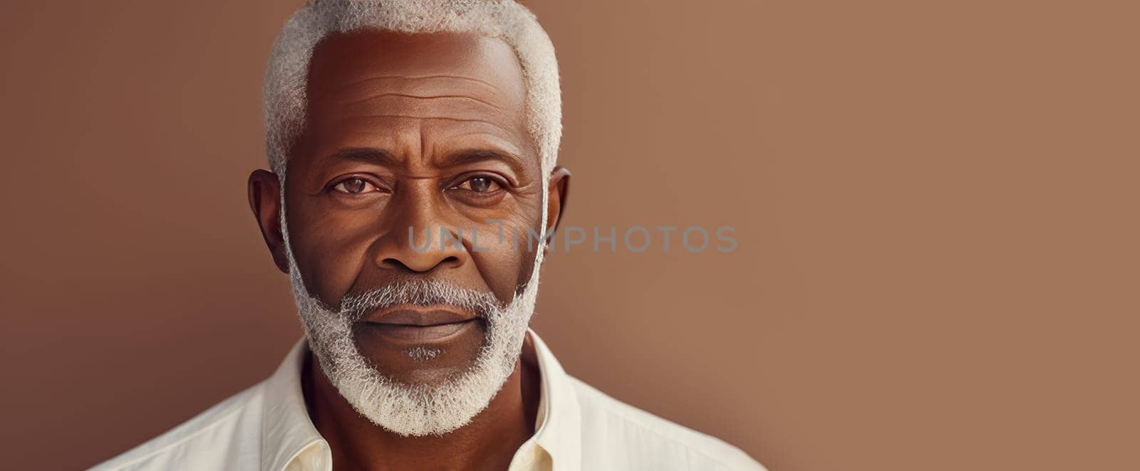 Handsome elegant, elderly African American man, creamy beige background, banner, close-up, copy space. Advertising of cosmetic products, spa treatments, shampoos and hair care products, dentistry and medicine, perfumes and cosmetology for senior men.