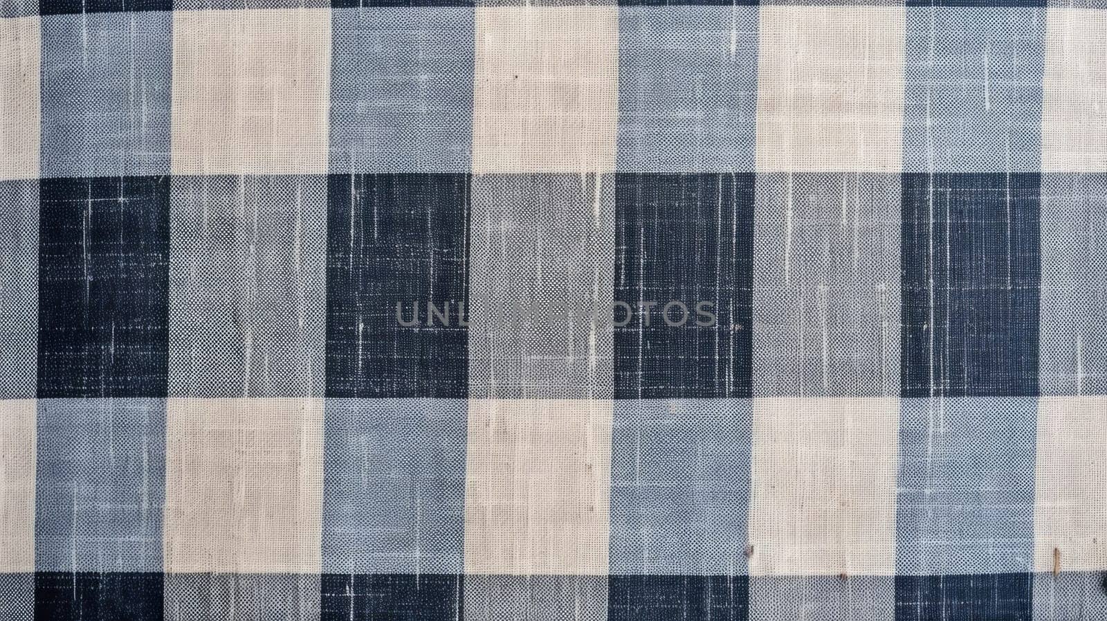 Background made of natural linen fabric in a checkered pattern, blue and natural colors.
