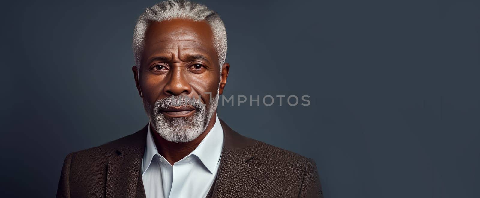 Handsome elegant, elderly African American man, on a silver background, banner, close-up, copy space. Advertising of cosmetic products, spa treatments, shampoos and hair care products, dentistry and medicine, perfumes and cosmetology for senior men.