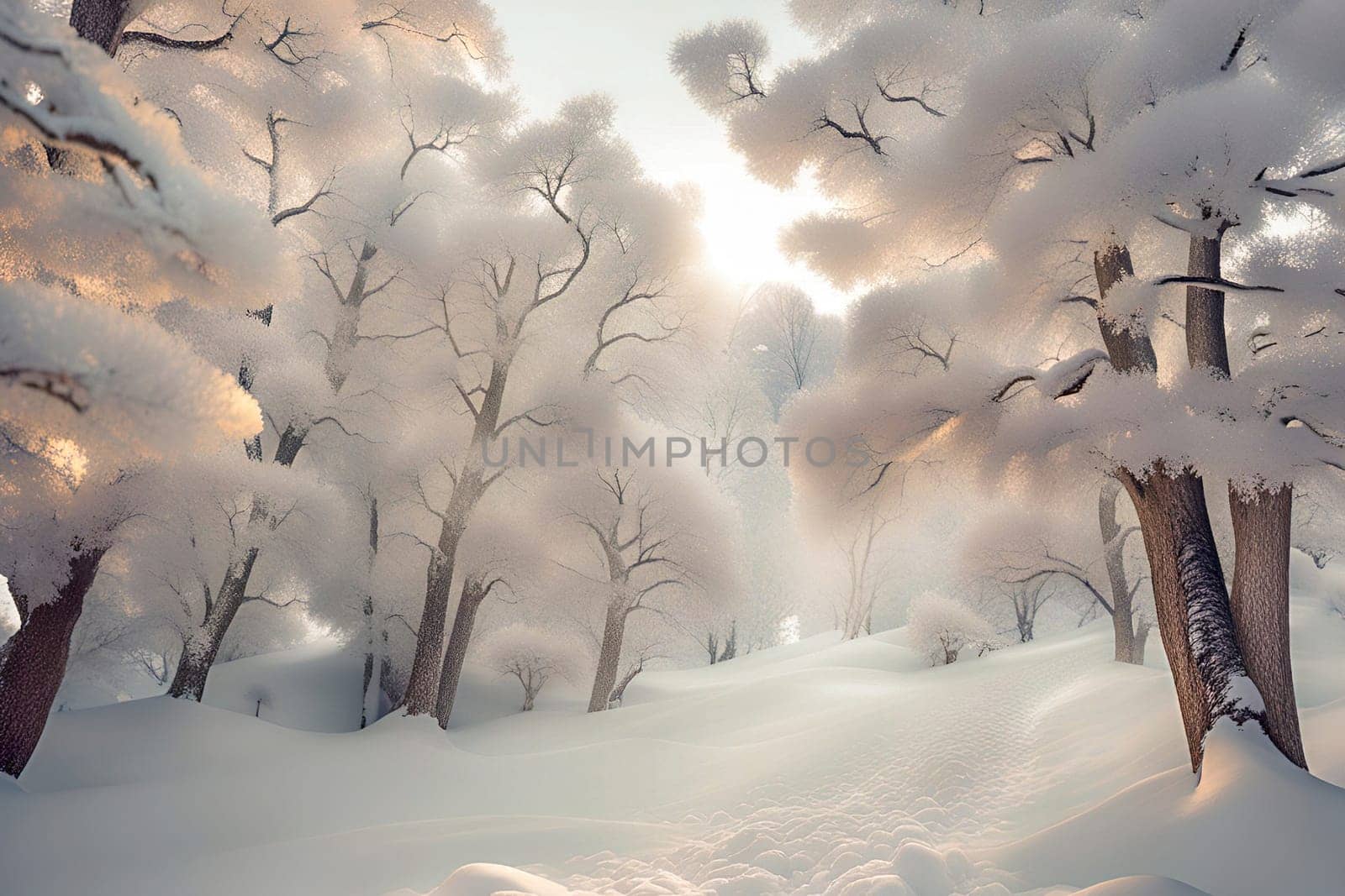 Beautiful winter landscape with snowy trees. Winter landscape with trees covered with snowflakes on the background.