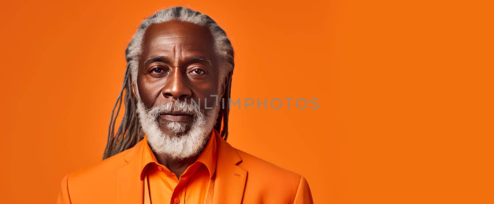Handsome elderly black African American man with long dreadlocked hair, on an orange background, banner. Advertising of cosmetic products, spa treatments, shampoos and hair care products dentistry and medicine, perfumes and cosmetology for senior men
