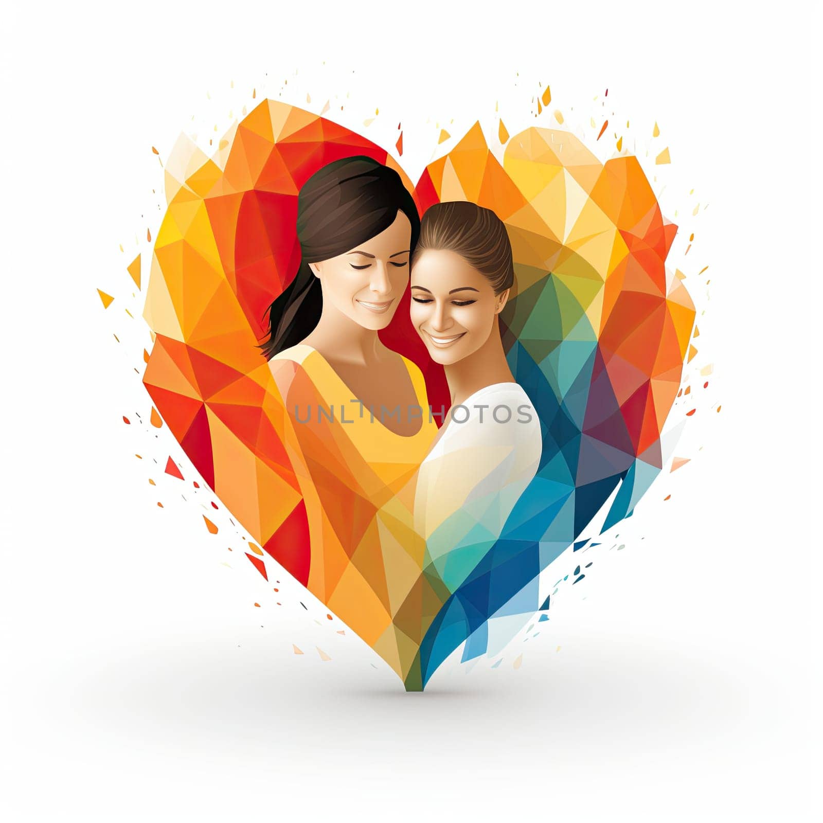 Happy lesbian woman couple hugging in one heart shape with rainbow colors isolated on white background.Watercolor style by papatonic