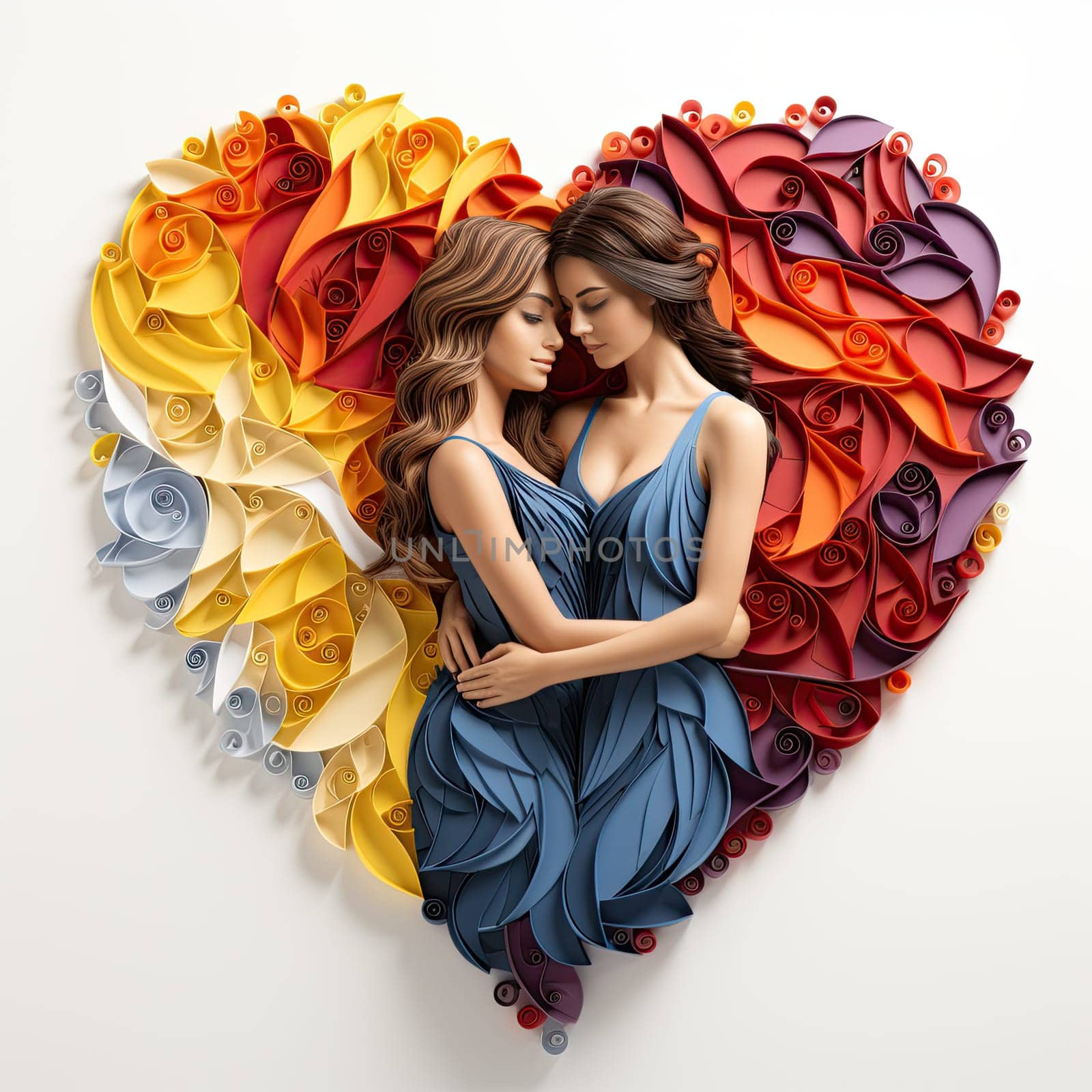 Two beautiful lesbian girls hugging in one heart shape with rainbow colors isolated on white background.Watercolor style