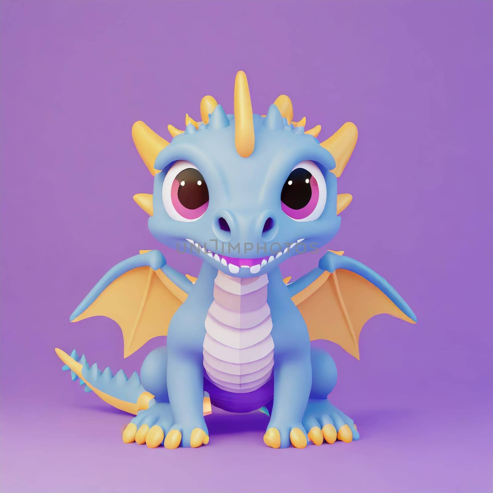 cute little baby dragon with big black eyes. Fantasy monster. Small Funny Cartoon character. Fairy tale. Isolated on black background.