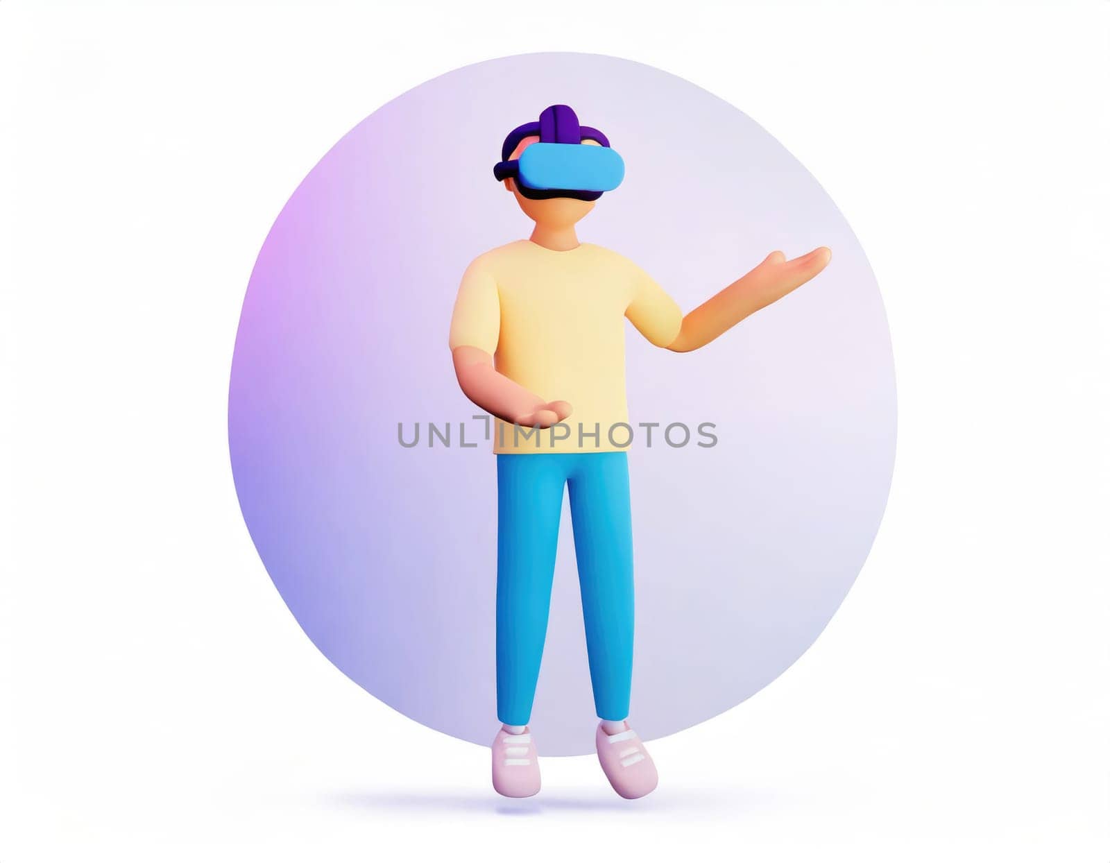 Cartoon character wearing vr glasses headset, body floating in cyberspace. Concept of immersion and metaverse. AI generated. by PeaceYAY