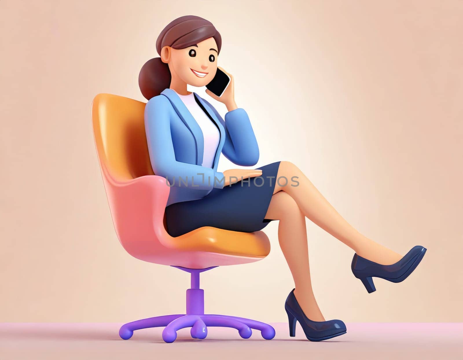 3D Character Office worker on telephone conversation, sitting in a portable chair