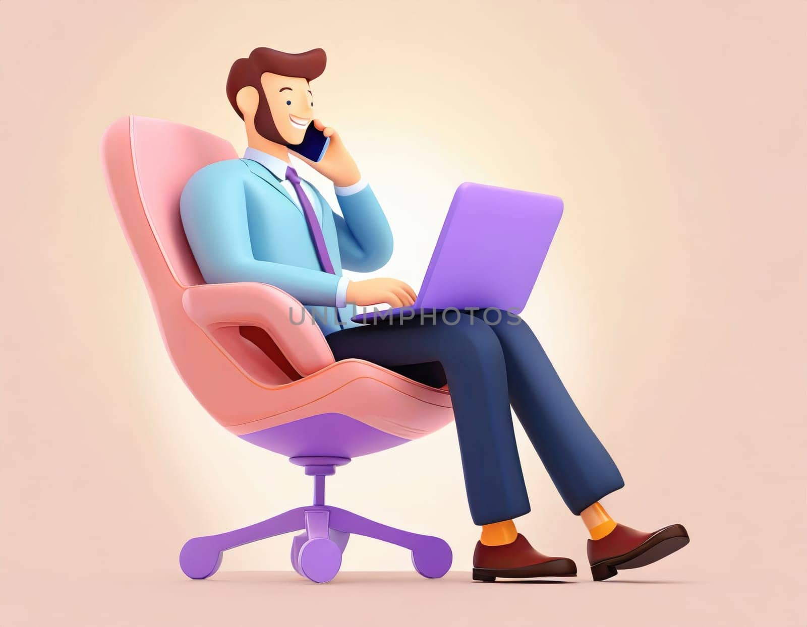 3D Character Office worker on telephone conversation, sitting in a portable chair. AI generated. by PeaceYAY
