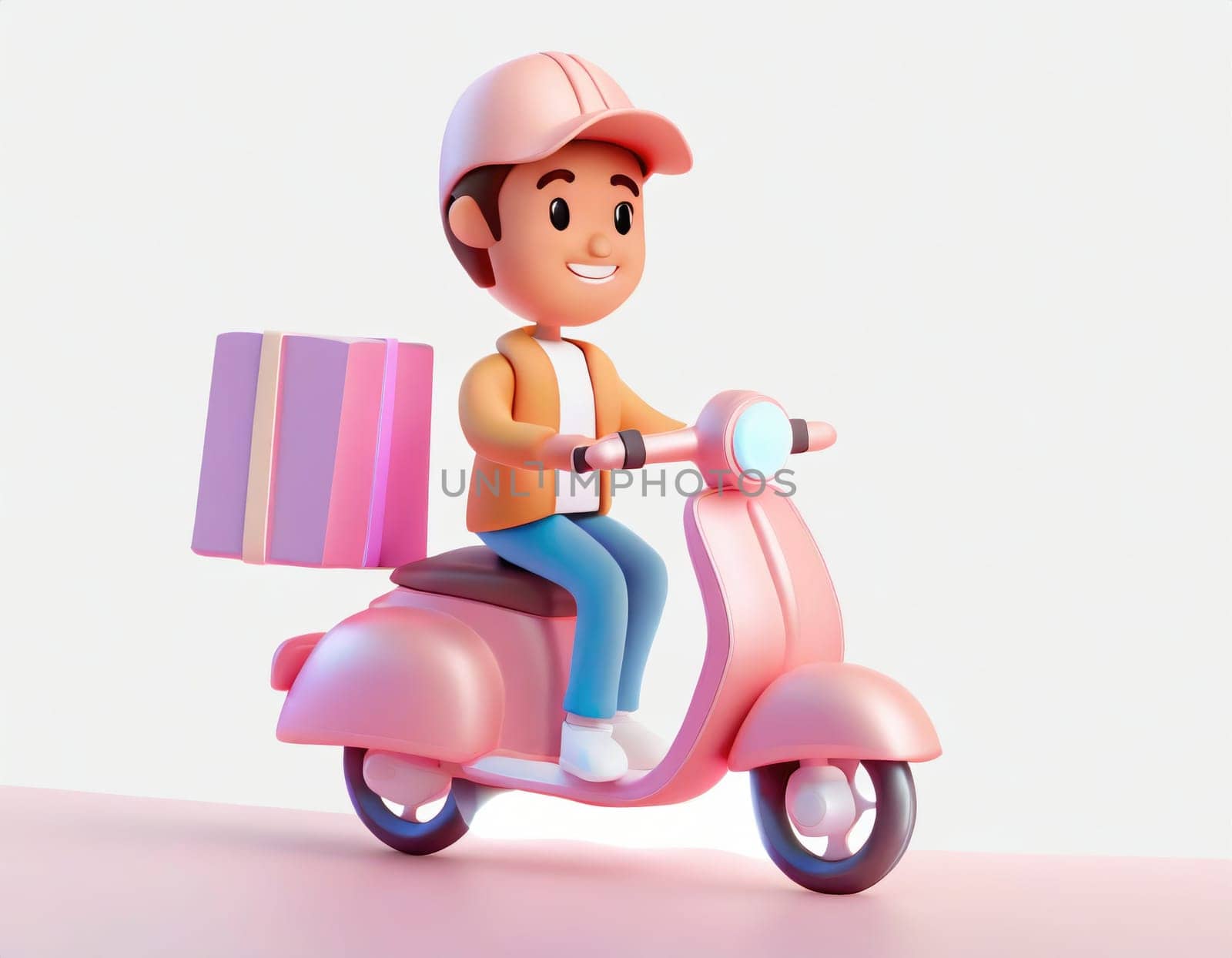 3D Character Delivery man riding a motorcycle with delivery box.