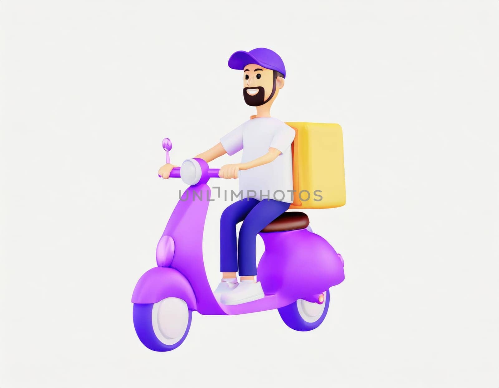 3D Character Delivery man riding a motorcycle with delivery box.