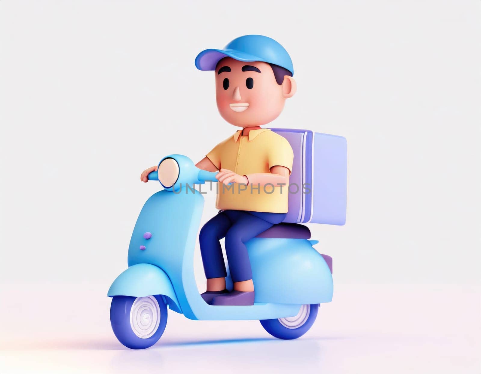 3D Character Delivery man riding a motorcycle with delivery box.