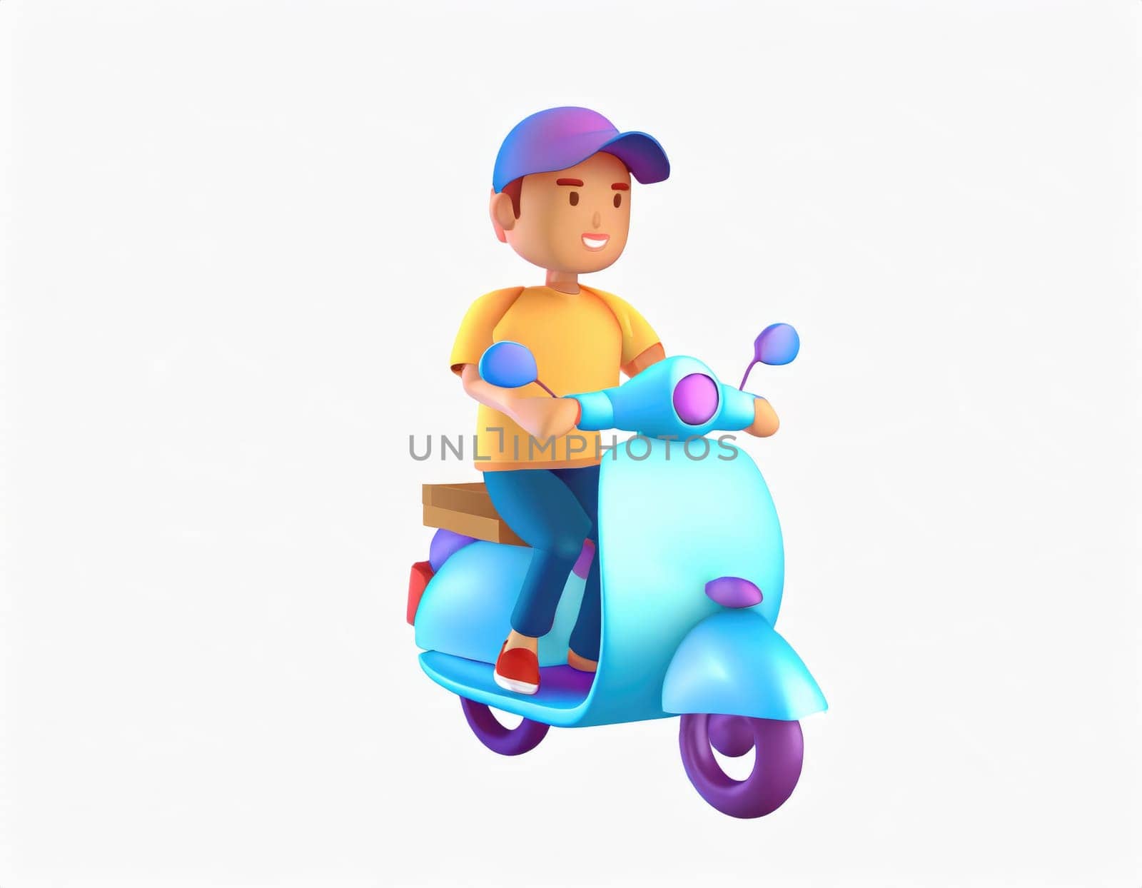 3D Character Delivery man riding a motorcycle with delivery box.