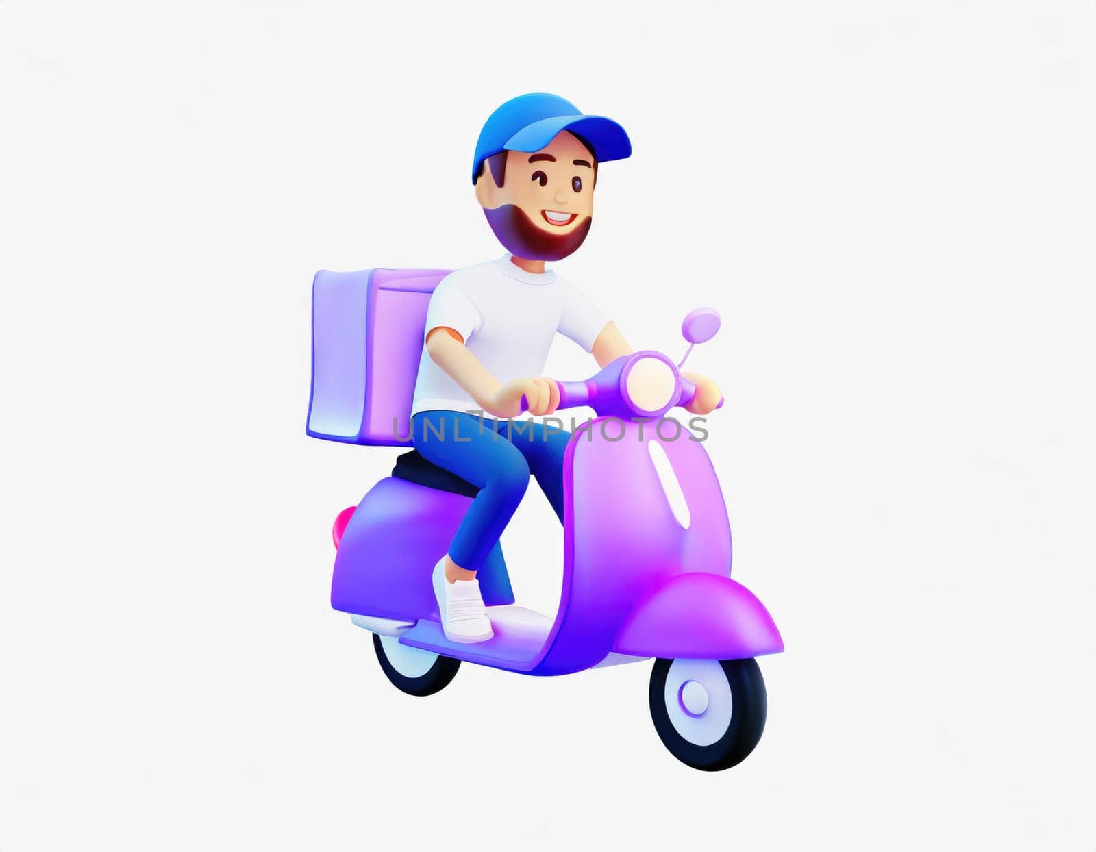 3D Character Delivery man riding a motorcycle with delivery box.