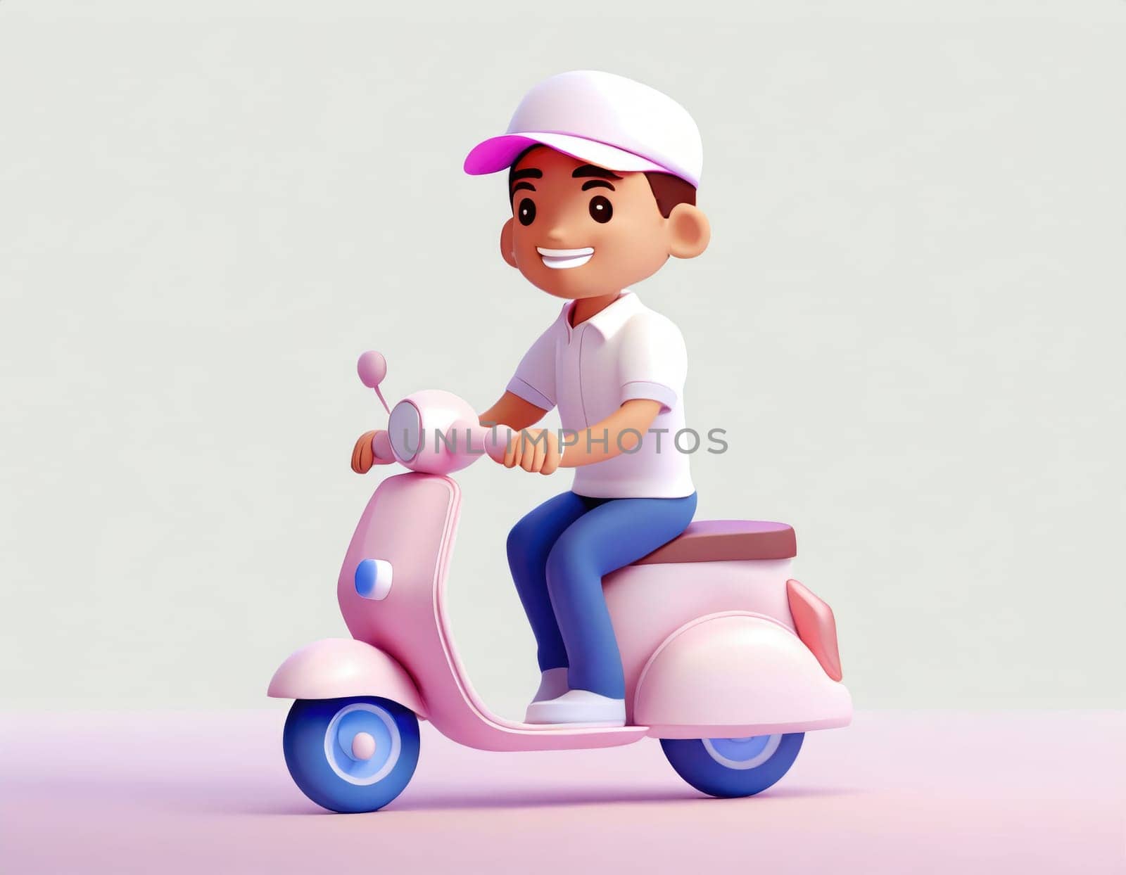 3D Character Delivery man riding a motorcycle with delivery box.