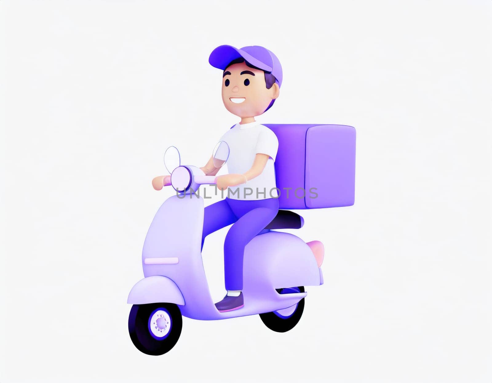 3D Character Delivery man riding a motorcycle with delivery box.