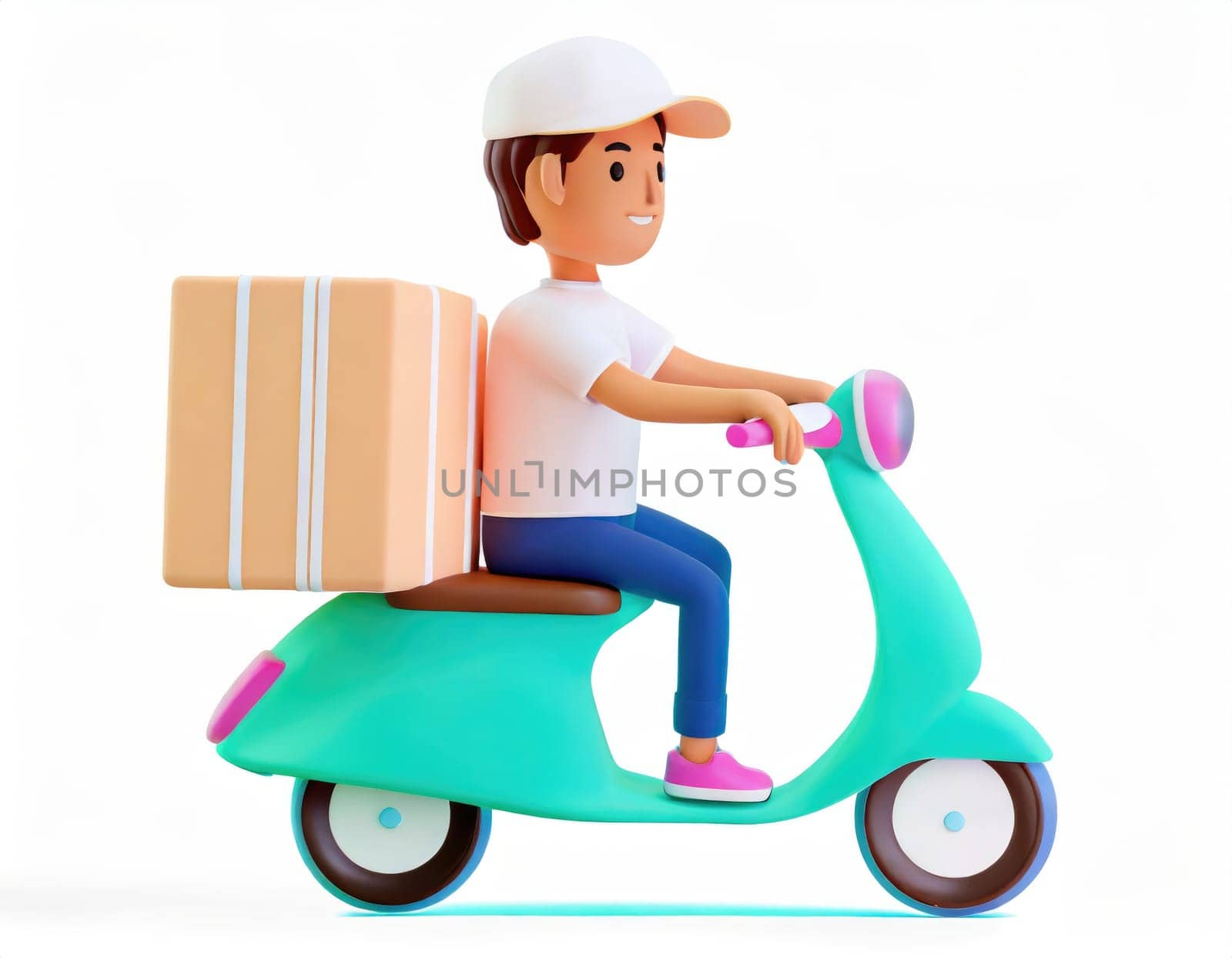 3D Character Delivery man riding a motorcycle with delivery box.